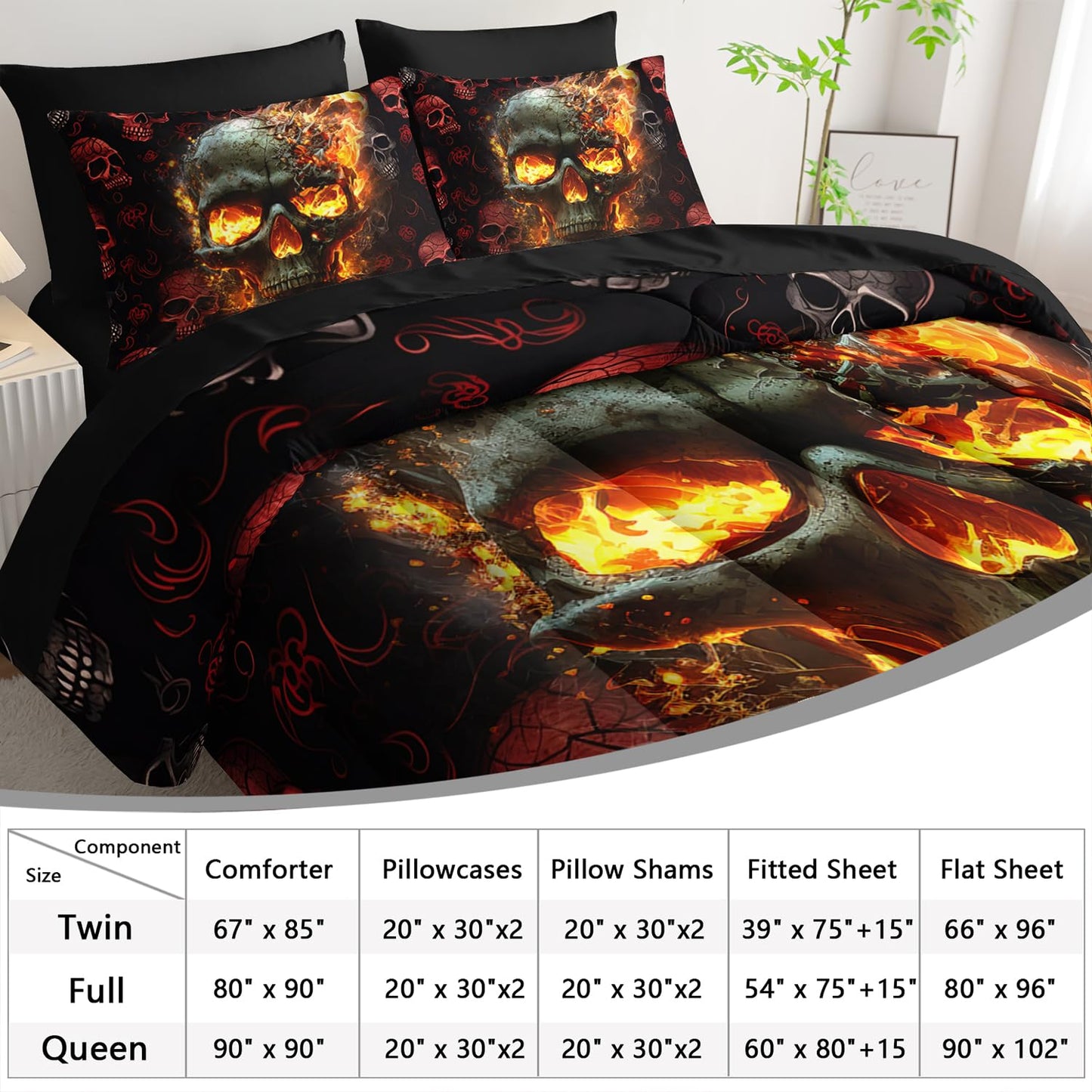 AILONEN 7-Piece Fire Skull Comforter Sets Queen Size,3D Skeleton Bedding Set for Kids Boys Teens,Fiery Style Black Tint Comforter & Fitted Sheet with Flat Sheet & 2 Pillowcases,2 Pillow Shams