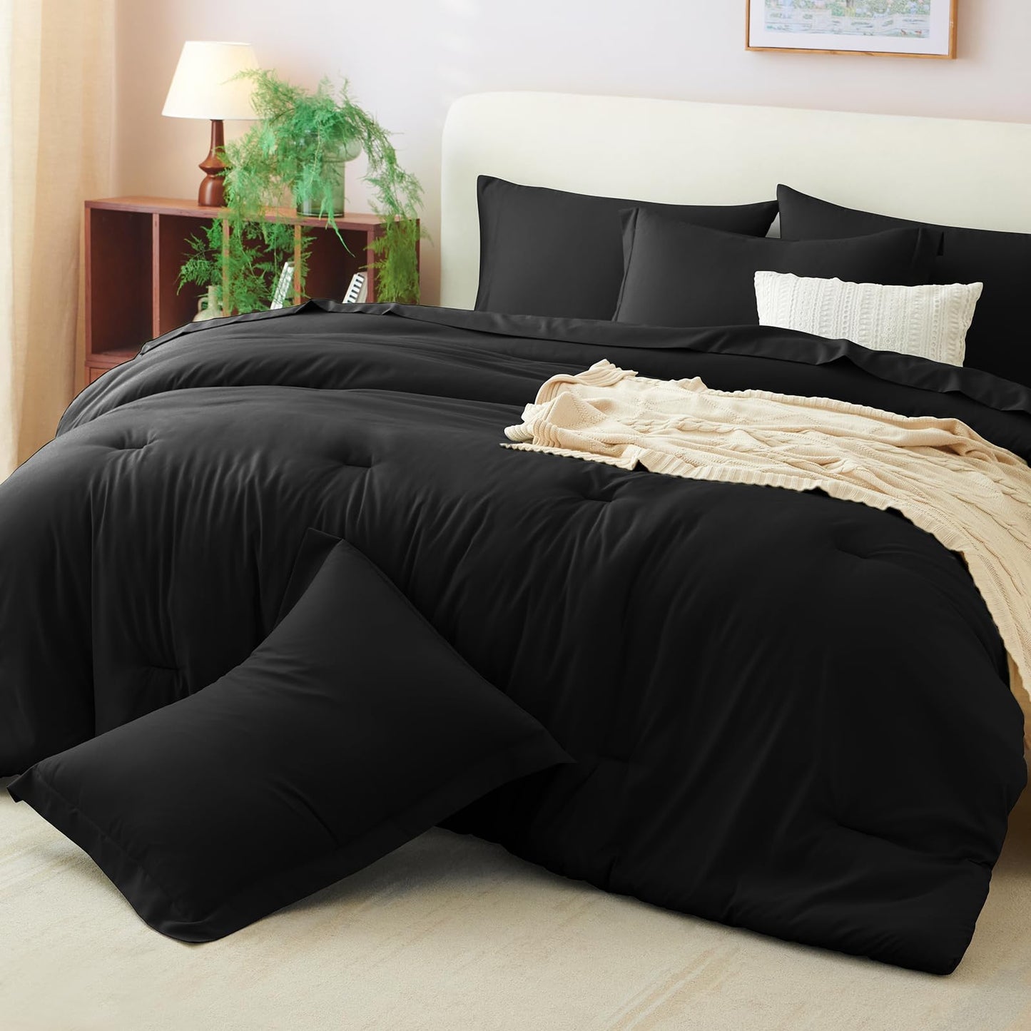 CozyLux King Size Comforter Set Black, 7 Pieces Bed in a Bag King Comforter Set with Sheets, Luxury Soft Bedding Sets with Down Alternative Comforter, Fitted Sheet, Flat Sheet, Pillowcases & Shams