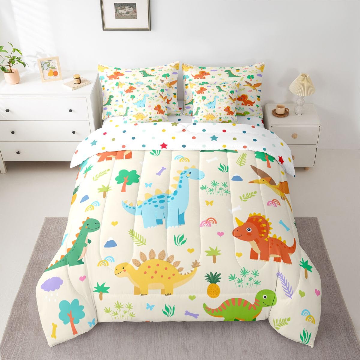 Feelyou Cute Dinosaur Comforter Set with Sheets 7 Piece Full Size Boys Dinosaur Bed in a Bag Kids Boys Girls Cartoon Animal Bedding Set Bedroom Decor Breathable Soft Lightweight Microfiber