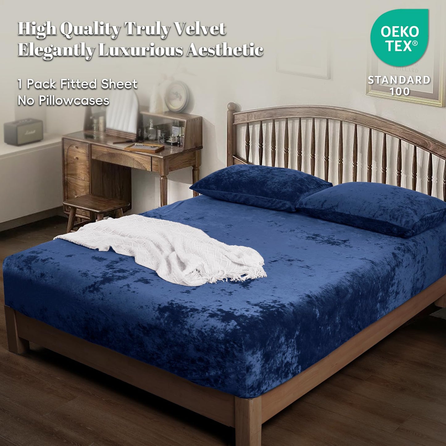 PHF Truly Velvet Fitted Sheet Only Queen Size, Luxury Super Soft Cozy Fuzzy Fleece Bottom Sheet, Deep Pocket Up to 16",Strenghth Elastic Band,Suitable for Fall Winter Spring, No Pillowcases, Navy Blue
