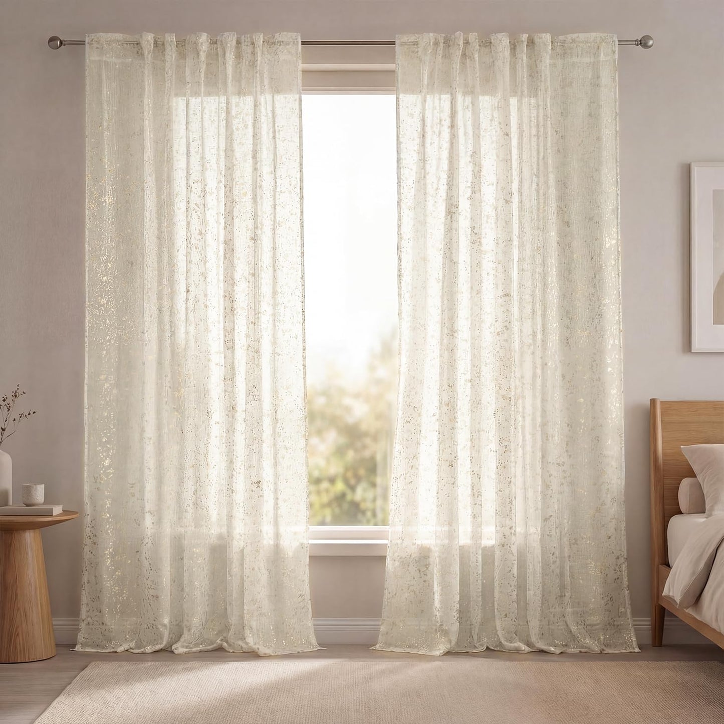 Horaldaily Beige Sheer Curtains for Living Room and Bedroom, Sliver Sequin Glitter Metallic Foil, Scenery Light Filtering Window Curtains, 52" W x 84" L, Set of 2 Curtain Panels