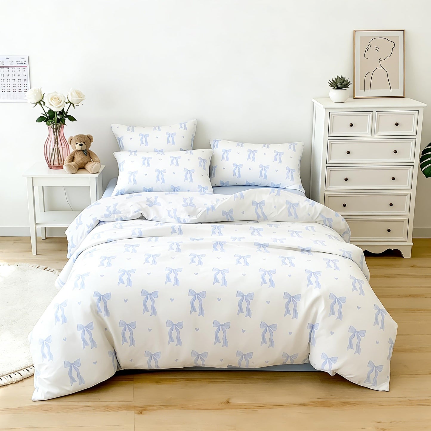 Sedefen Blue Bow Duvet Cover, 3 Pieces Cute Heart Pattern Bedding Set, Reversible Coquette Aesthetic Bowknot Love Printed Duvet Cover Set for Girls Bedroom, All Season