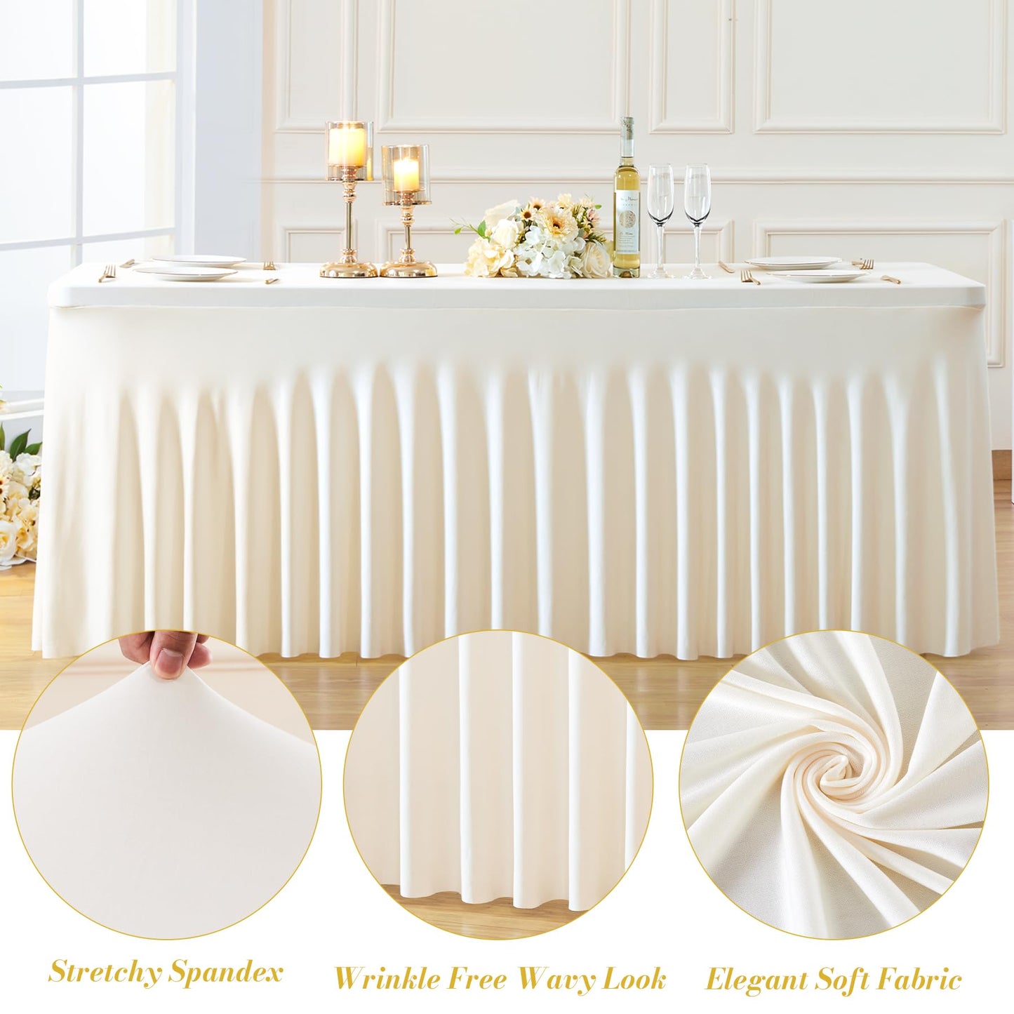Besutolife 2 Pack Ivory Spandex Tablecloth for 6ft Rectangle Tables Fitted Table Cloth Stretch Table Covers Skirt 6ft Rectangular Tablecloths for Banquet Parties Wedding Decorations