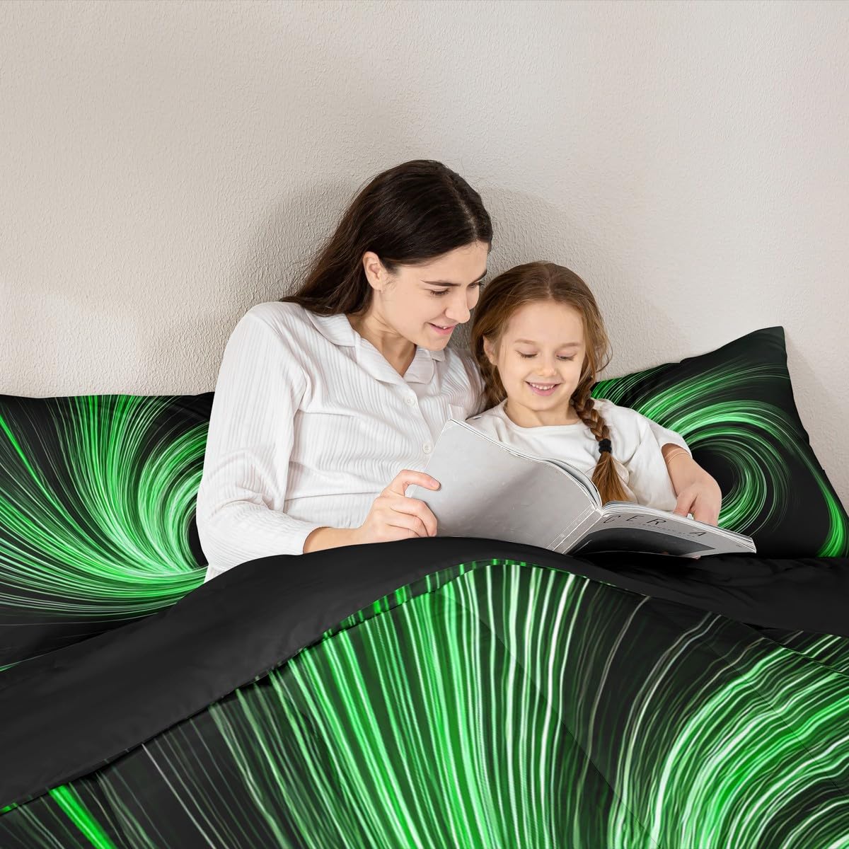 Erosebridal Green Black Kids Comforter Sets Black Hole Abstract Geometric King Bedding Set for Boys Girls Modern Circle Swirl Striped Comforter Set,Fashion Geometric Stripes Line Quilt Duvet 3 Pcs