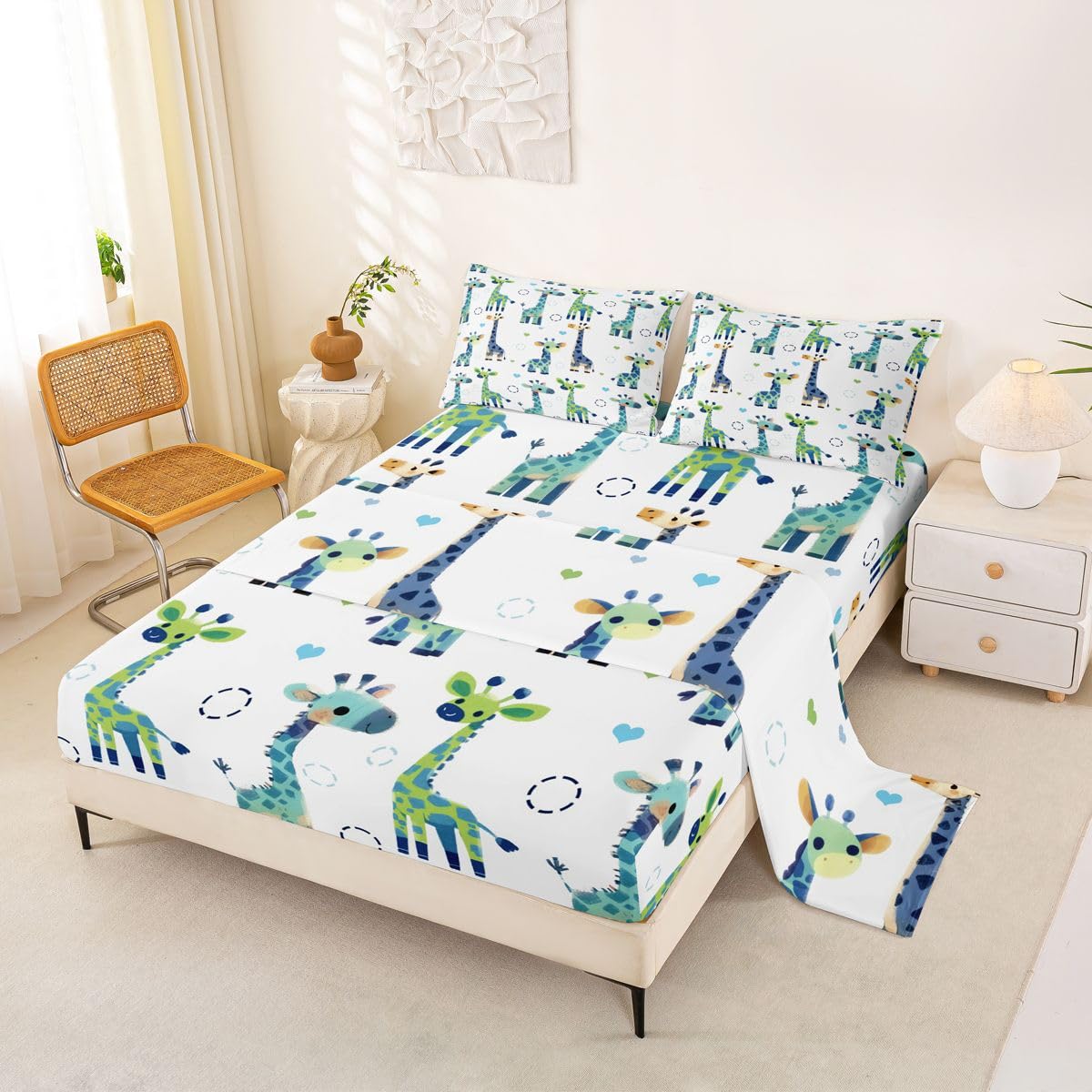 Erosebridal Giraffe Sheet Set Full Cartoon Kawaii Bed Sheets for Kids Boys Girls Geometric Circle Flat Fitted Sheet Contemporary Sheets 3 Pcs