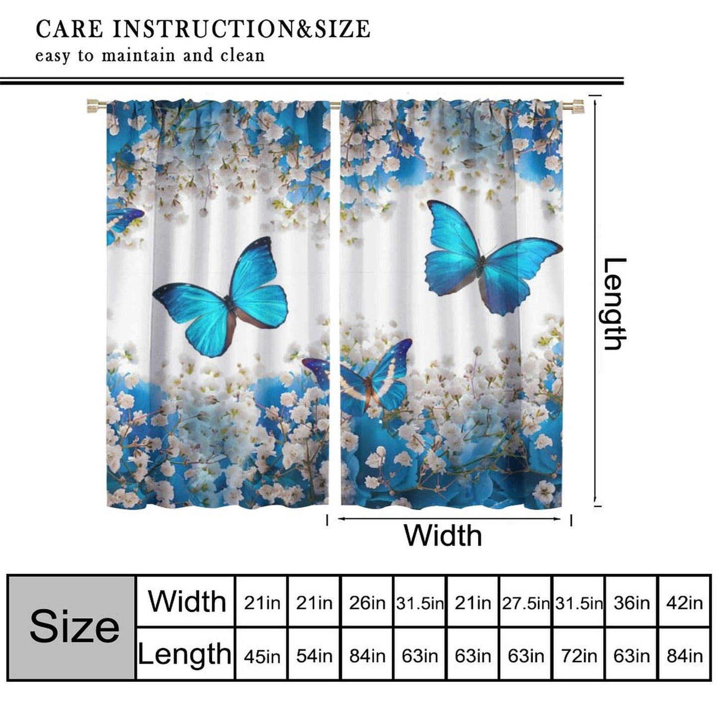 PHTAYOT Butterfly Curtains, Blue Floral Spring Rustic Farmhouse Butterfly Print for Kids Girl Boy Room Window Decor, Rod Pocket Drapes for Living Room Bedroom Kitchen 2 Panel Set 20.5" W X 45" L