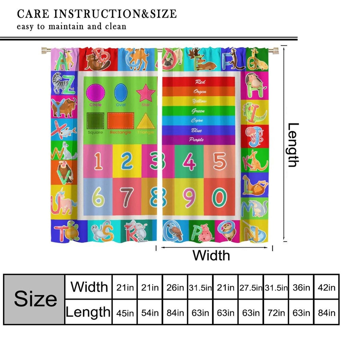 AAVEUP ABC Alphabet Curtains, Cartoon Toddler Colourful Animals Numbers Colours Classroom Learning Windows Treatments Drapes for Kids Boys Girls Living Room Bedroom 42x45in（No Blackout）
