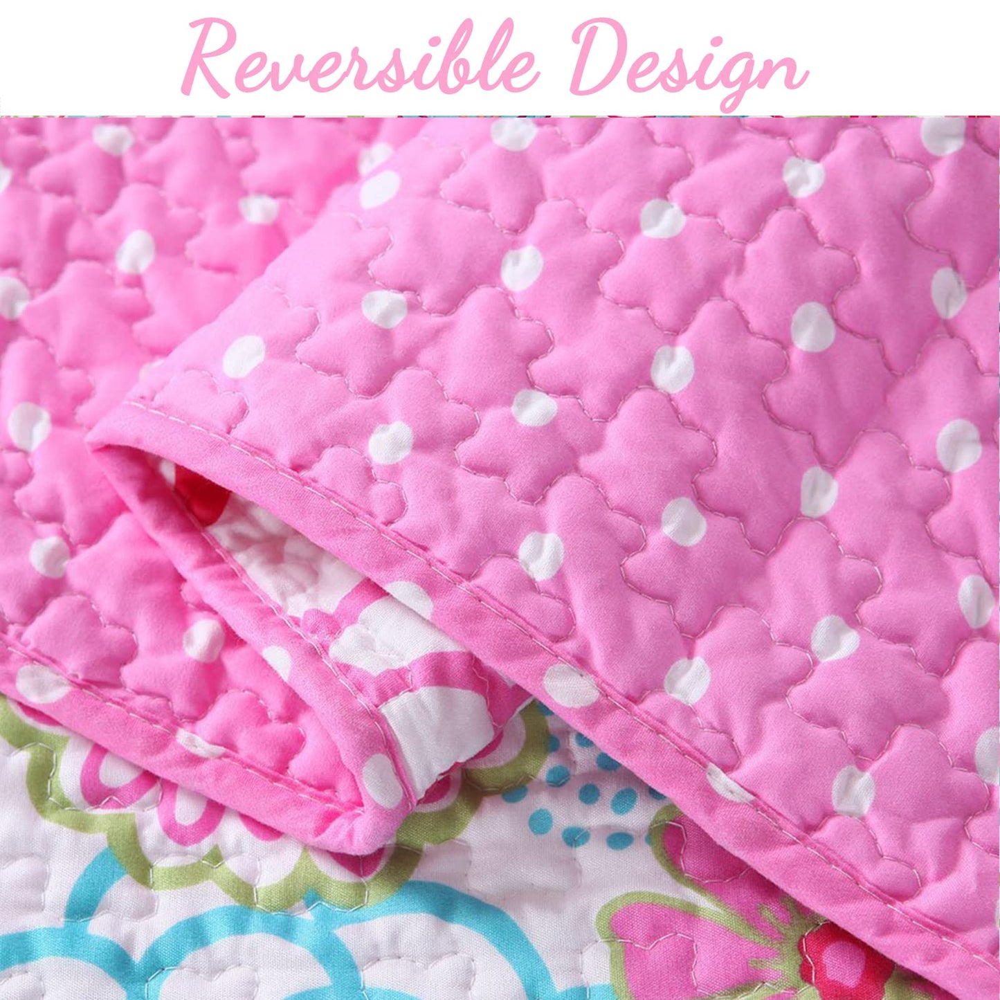 Cozy Line Home Fashions Pink Floral Polka Dot Colorful Reversible Quilt Bedding Set, Coverlet, Bedspreads for Girls (Mariah, Twin - 2 Piece)