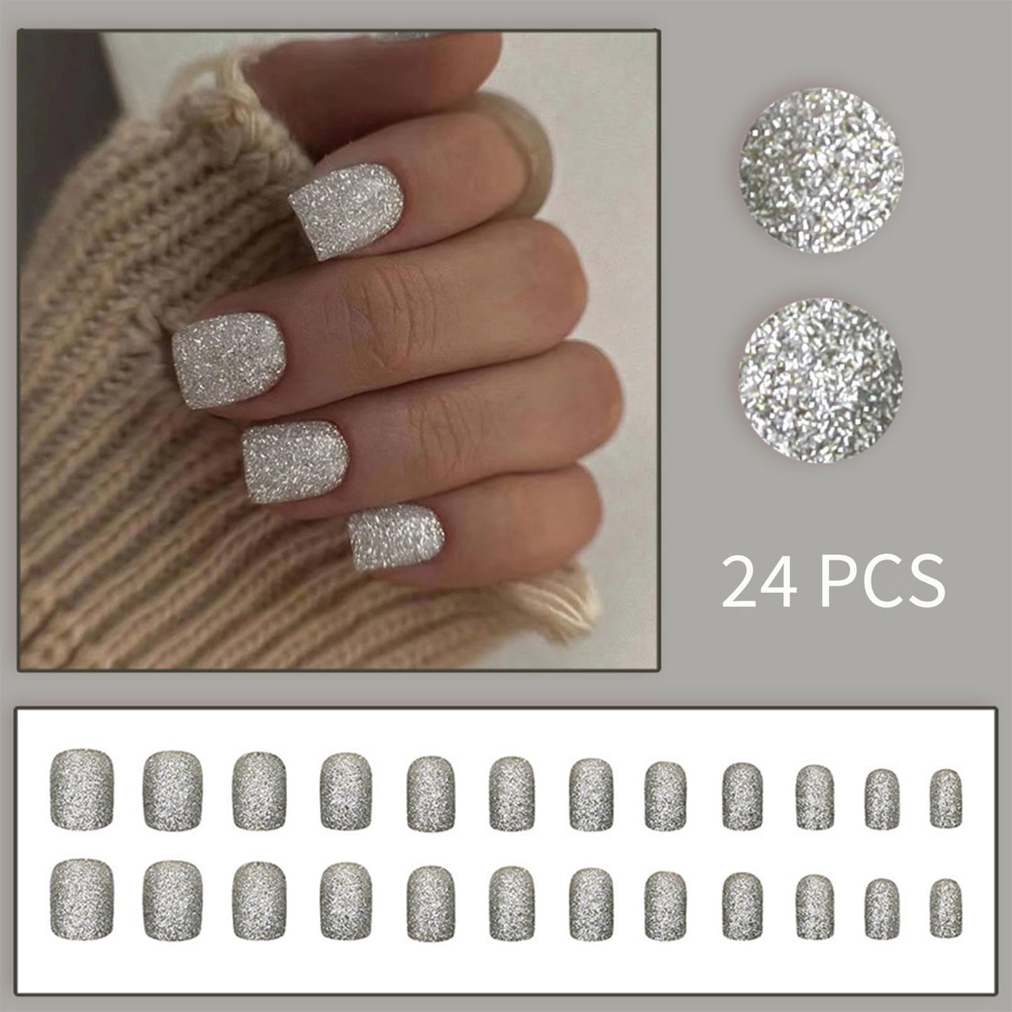 Silver Glitter Press on Nails Short Square Fake Nails Blasting Designs False Nails Shiny Full Cover Glossy Reusable Acrylic Stick on Nails for Women Girls Light Luxury Manicure Decoration 24Pcs
