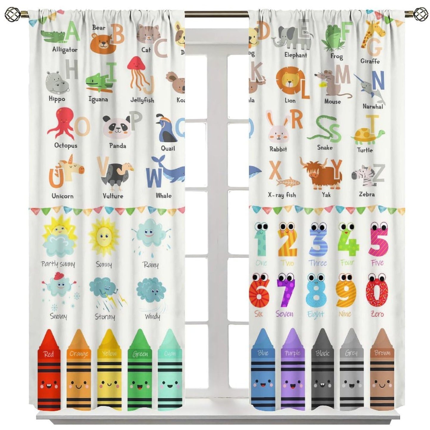 ABC Alphabet Education Curtains for Kids Colorful Cartoon Educational Crayons for Preschoolers to Learn the Alphabet Windows Treatments for Nursery Boys Bedroom Living Room 42x44.5in（No Blackout）