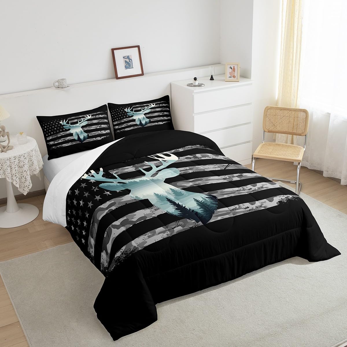 Feelyou Camo Hunting Bedding Set - Twin Size, Forest Smoky Deer Comforter, American Flag Duvet Set with 1 Pillow Case
