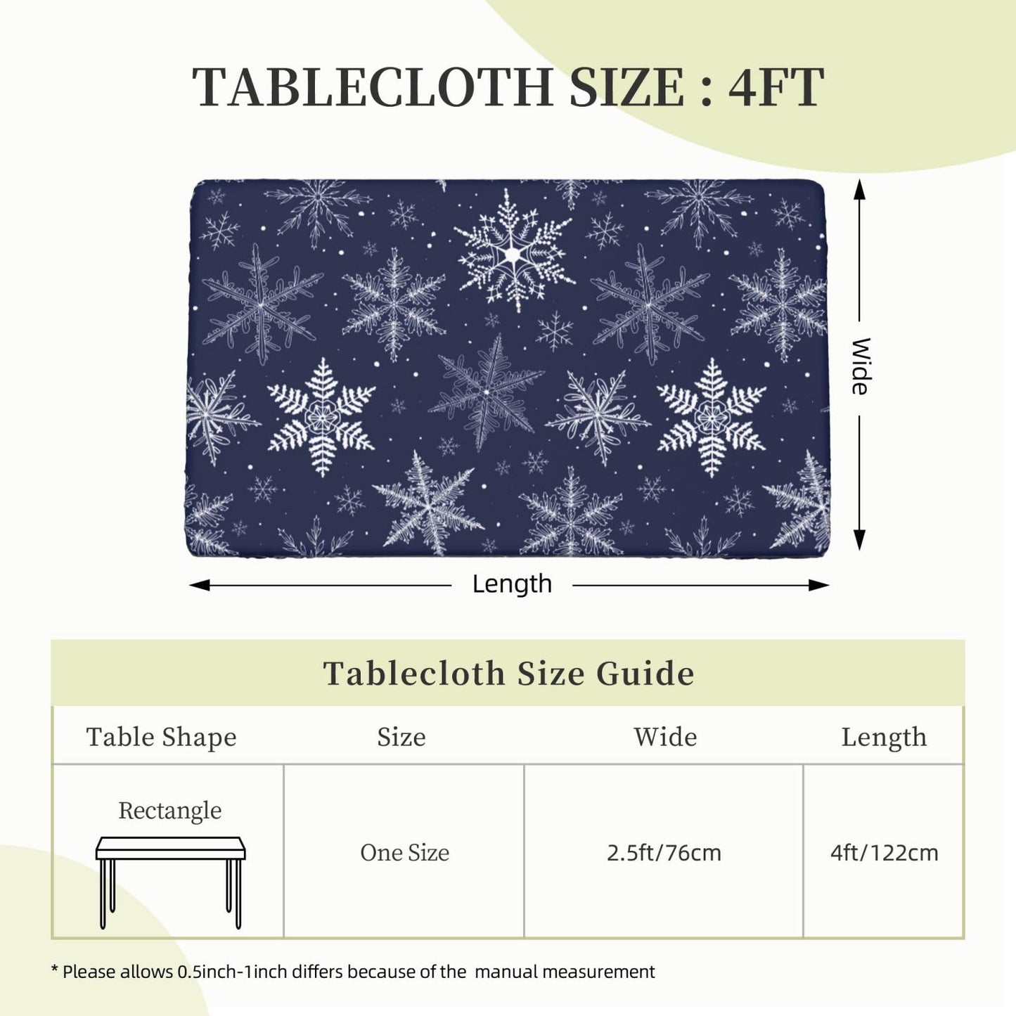 Fiokroo Winter Snowflakes Blue Tablecloth with Elastic Edge for 4ft Rectangle Table, Table Cloth Christmas Washable Table Cover for Kitchen Dining Party Outdoor Picnic Decoration, 48" L X 30" W