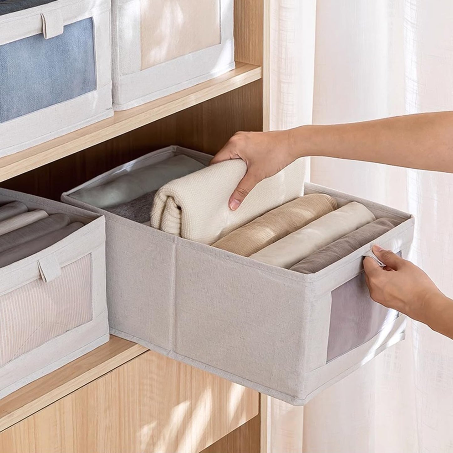 Pradnel Linen Closet Organizers And Storage, 4 Pack Storage Bins Baskets for Organization Foldable Organizer with Clear Window Organizing Clothing, Jeans, Shelves