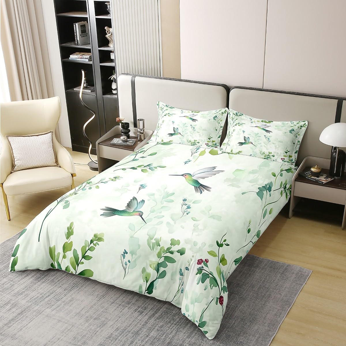 Erosebridal Abstract Grass Green Leaf Full 100% Cotton Duvet Cover, Turquoise Hummingbird Bedding Set, Mint Green Boho Bedclothes, Watercolor Botanical Aesthetic Comforter Cover