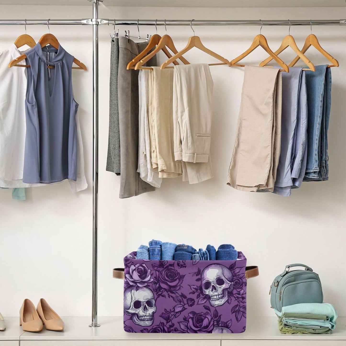 Purple Rose Skull Shelf Storage Baskets,Foldable Storage Bins with Handles,Rectangular Organizer Bin Gift Baskets Decor for Bedroom Home Office