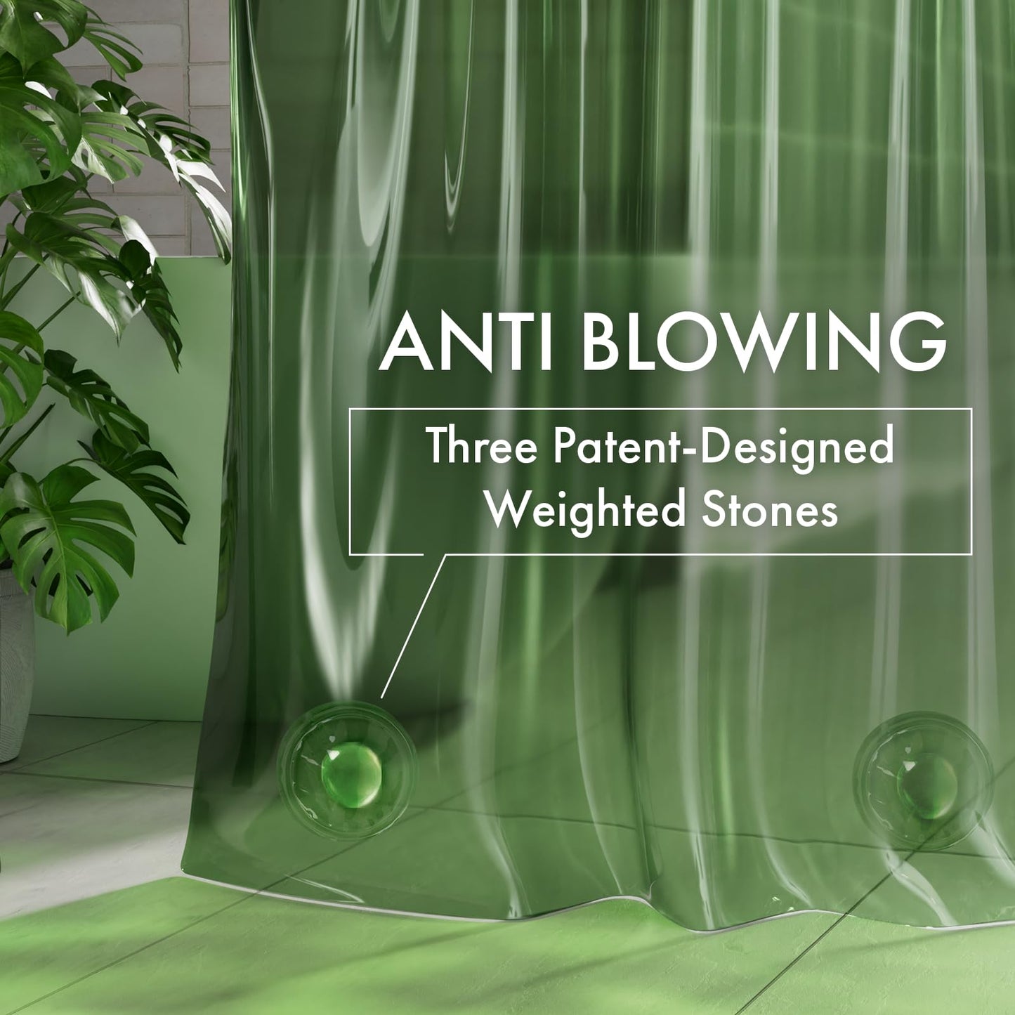AmazerBath No Hook Shower Curtain Liner, 100% EVA Heavy Duty Hookless Shower Curtain and Liner 3-in-1, 72x75 Luxury Soft Shower Liner with 3 Heavyweight Stones, Clear Green