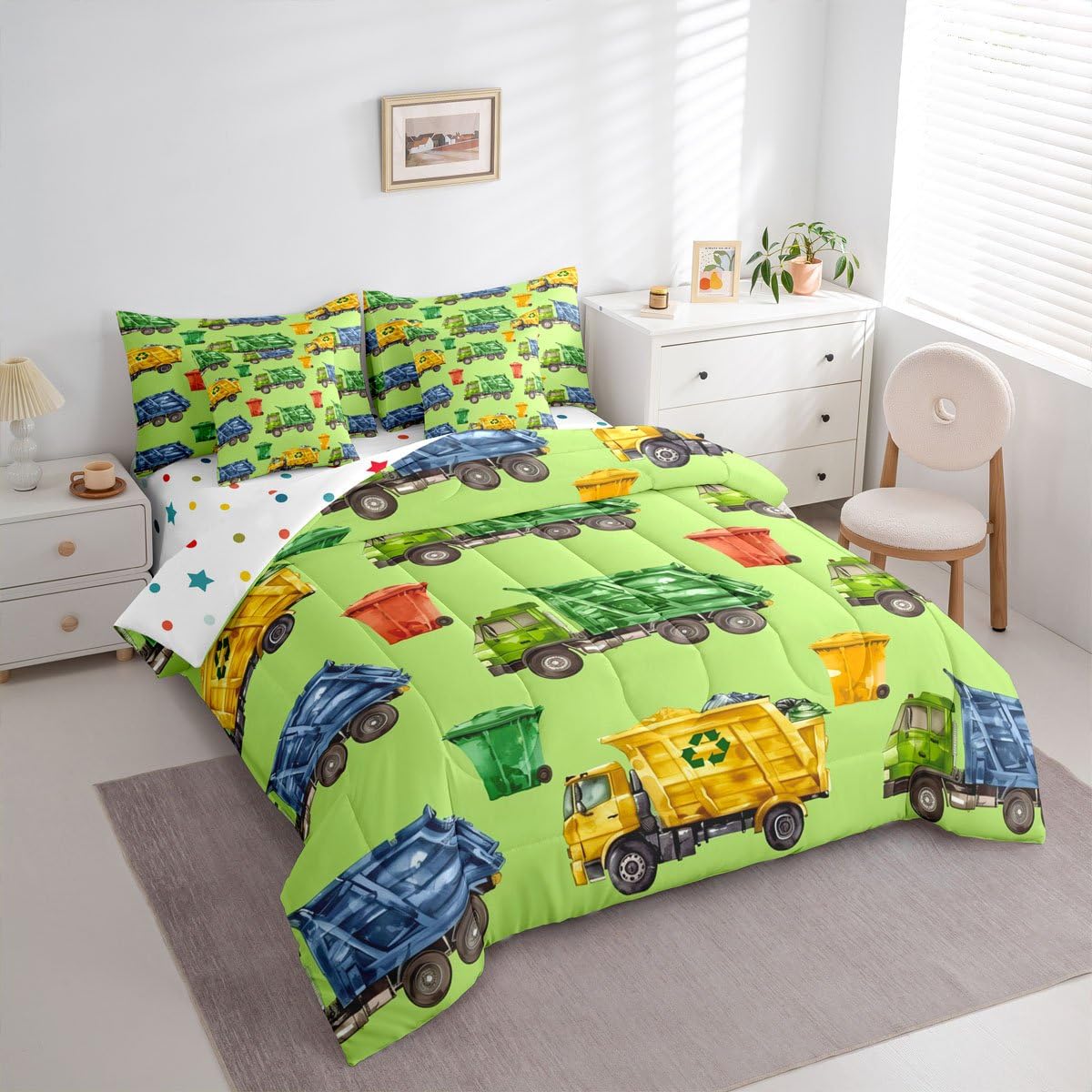 Erosebridal Boys Garbage Trucks Twin 7-Piece Bedding Set, Trash Truck Comforter Set with Sheets, Cartoon Car Bed in A Bag for Teens Men Kids Room Decor, Colourful Trash Cans Green Bed Sets