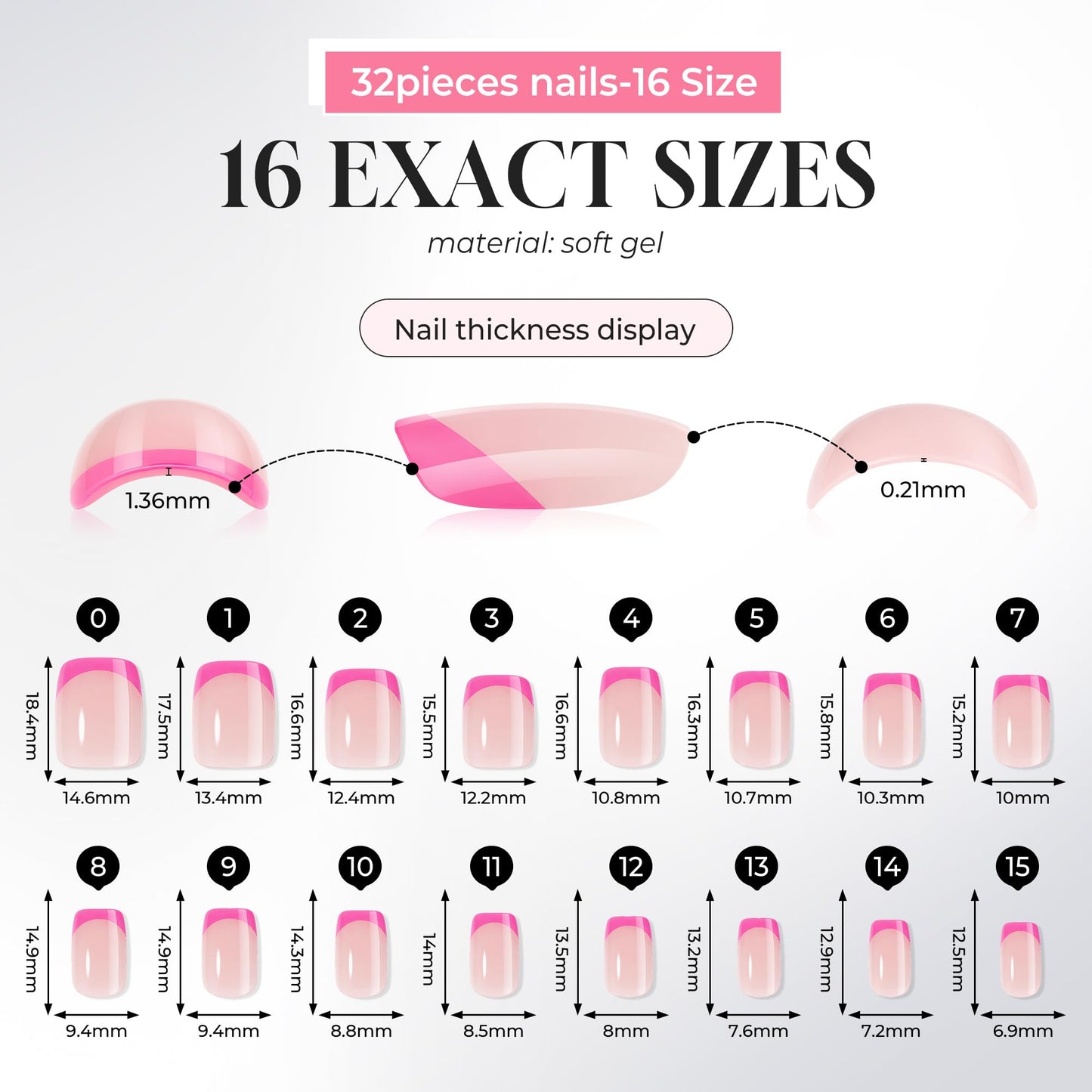 UNA GELLA 32Pcs Soft Gel Press on Nails - 16 Sizes Hot Pink French Tip Short Square Glue on Nails, Reusable Nude Pink False Nails, Full Cover Acrylic Nail Kit for Women DIY Home Manicure