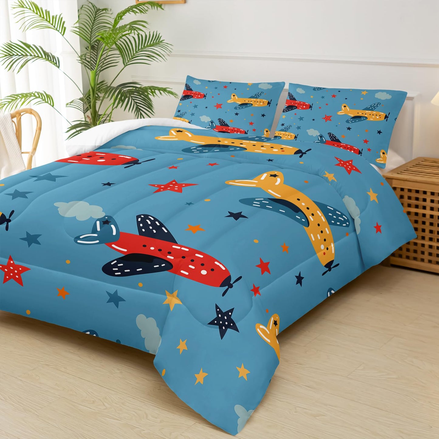 lneffble Kids Aeroplane Comforte Set Twin，Blue Airplane Bedding for Boys，Cute Star Quilt Pattern，Cute Bedroom Decor for Kids，1 Comforter 2 Pillow Cases