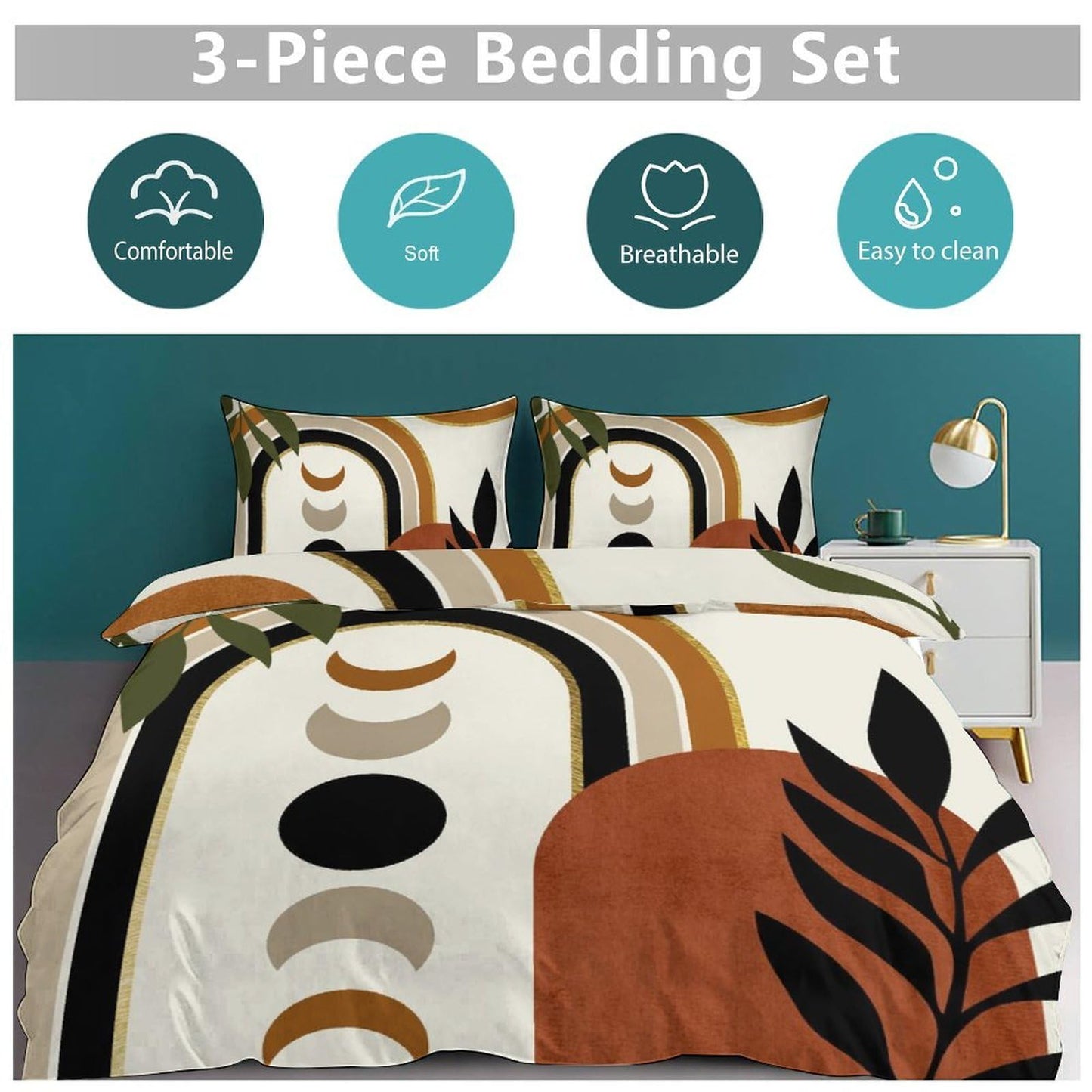 Lnepty Bohemian Leaf Comforter Set,Mid Century Abstract Tropical Plant Minimalist Modern Geometric Palm Leaf Simple Bedding Duvet Cover Sets with Pillowcase for Bedroom Bed Decor，Twin 86"x70"