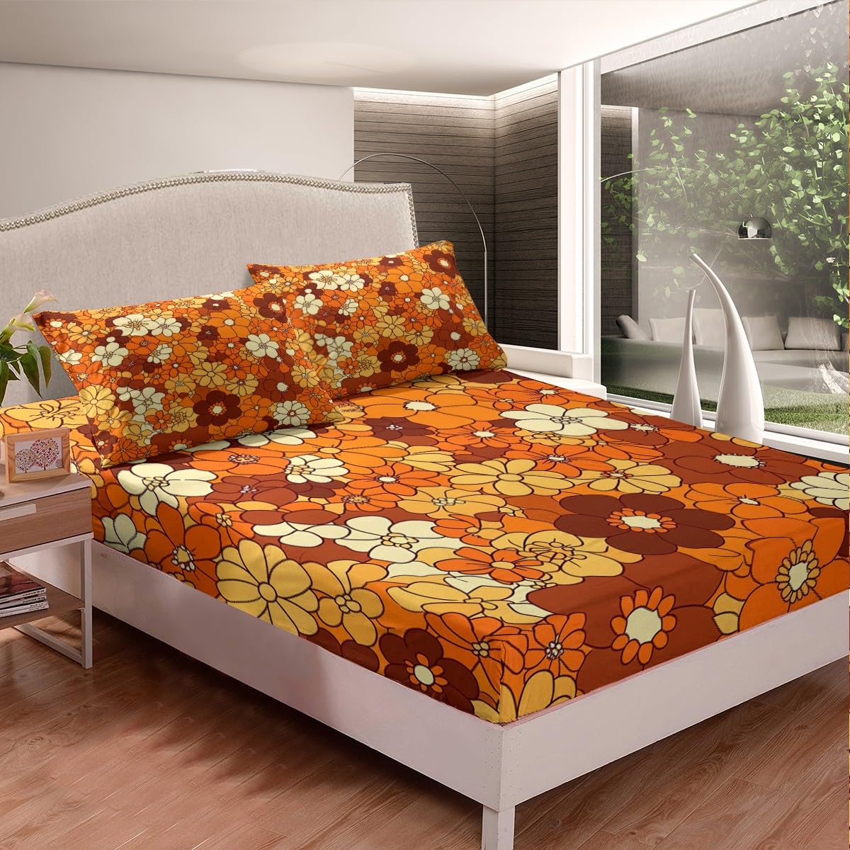 Boho Floral Bed Sheets Set Full Retro Groovy Flowers Sheet Set 60S 70S Hippie Flower Power Bedding Set For Kids Girls Women Groovy Natural Garden Botanical Fitted Sheet Orange Brown Flat Sheet 4 Pcs