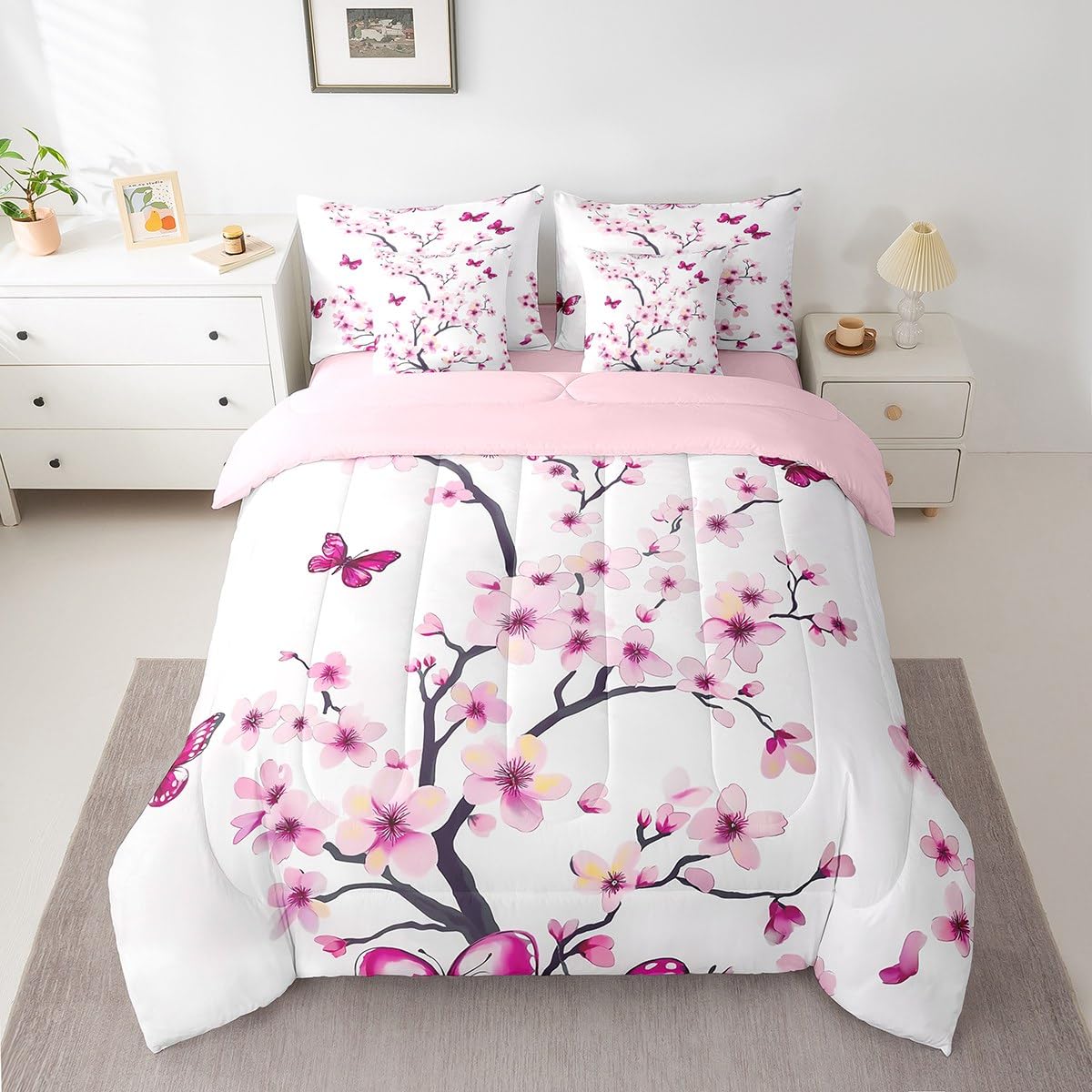 Erosebridal Cherry Blossom Bedding Set,Spring Elegant Flowers Butterfly 7 Piece Comforter Set Queen Bed in a Bag for Girls Women,Girly Japanese Style Quilt Duvet,Botanical Floral Bed Set,Pink Purple