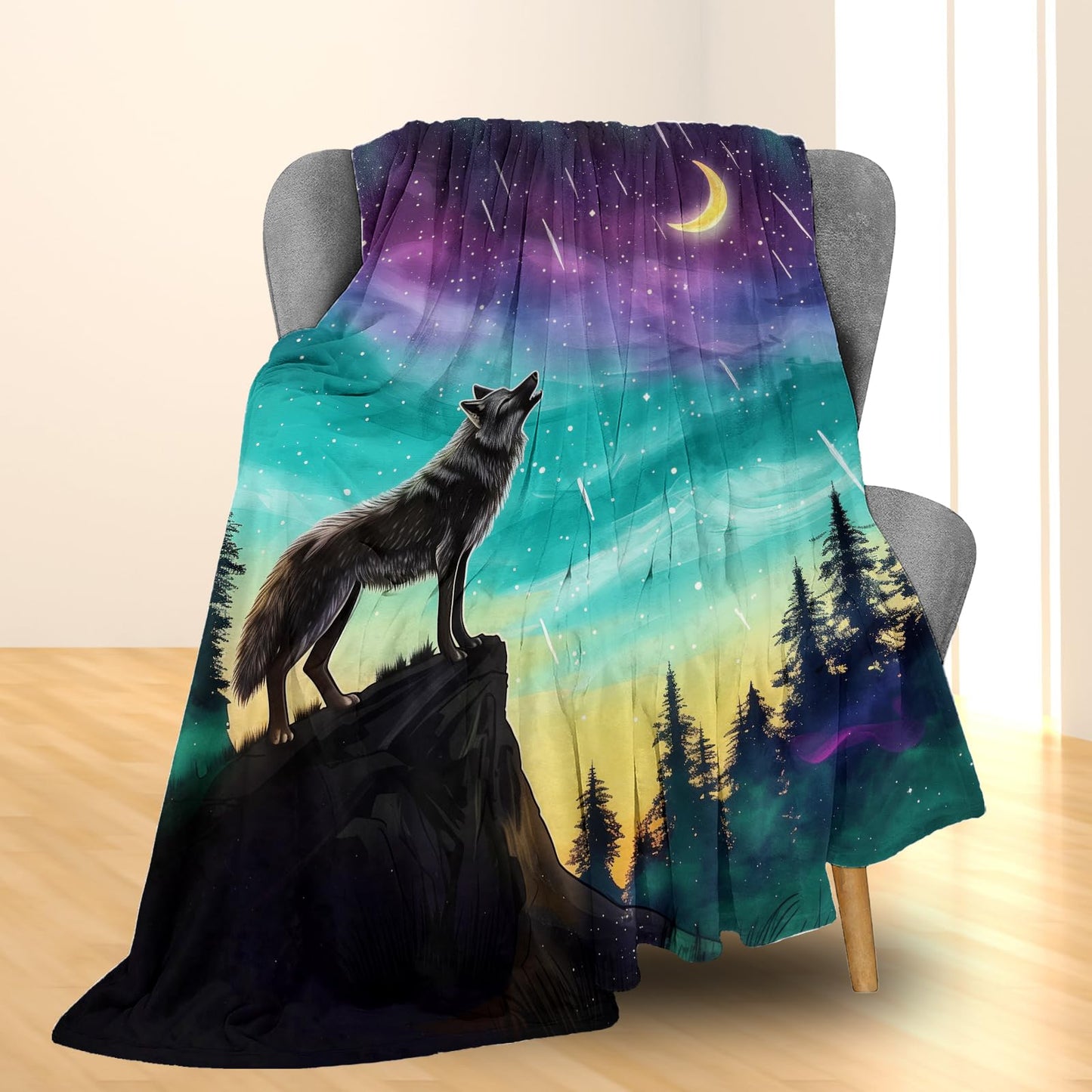 Ti Caldi Wolf Blanket - Soft, Lightweight Flannel, Fuzzy and Fluffy Throw Blankets, Night Sky Design, Perfect for Couch, Bed, Travel, Outdoor - Cozy Home Decor, for Adults Kids Men Boys 60×50 in