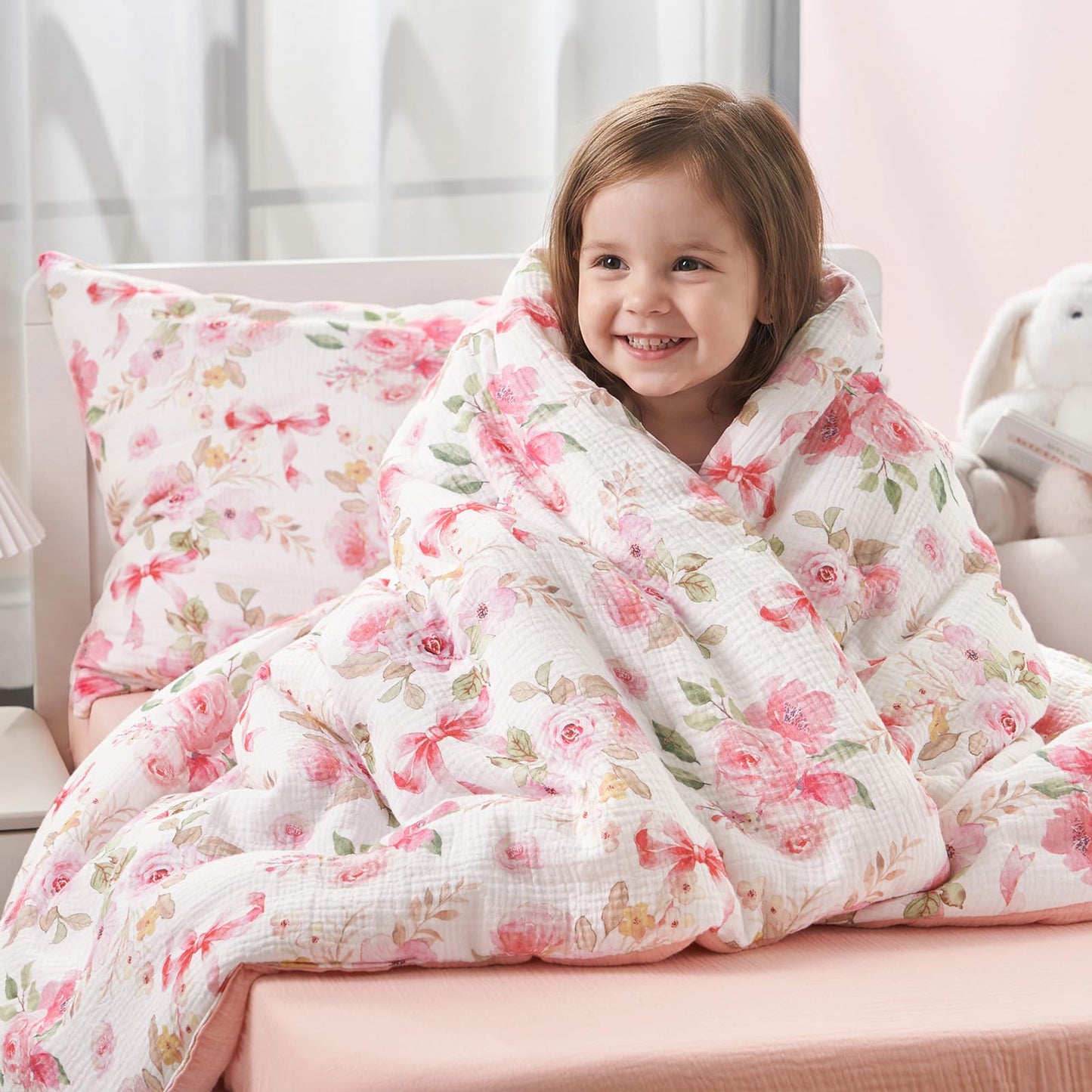PHF Cotton Muslin Toddler Bedding Set, Soft 3 Piece Toddler Comforter Kids Bed Set, Pink Flower Bow Bedding Set for Girls