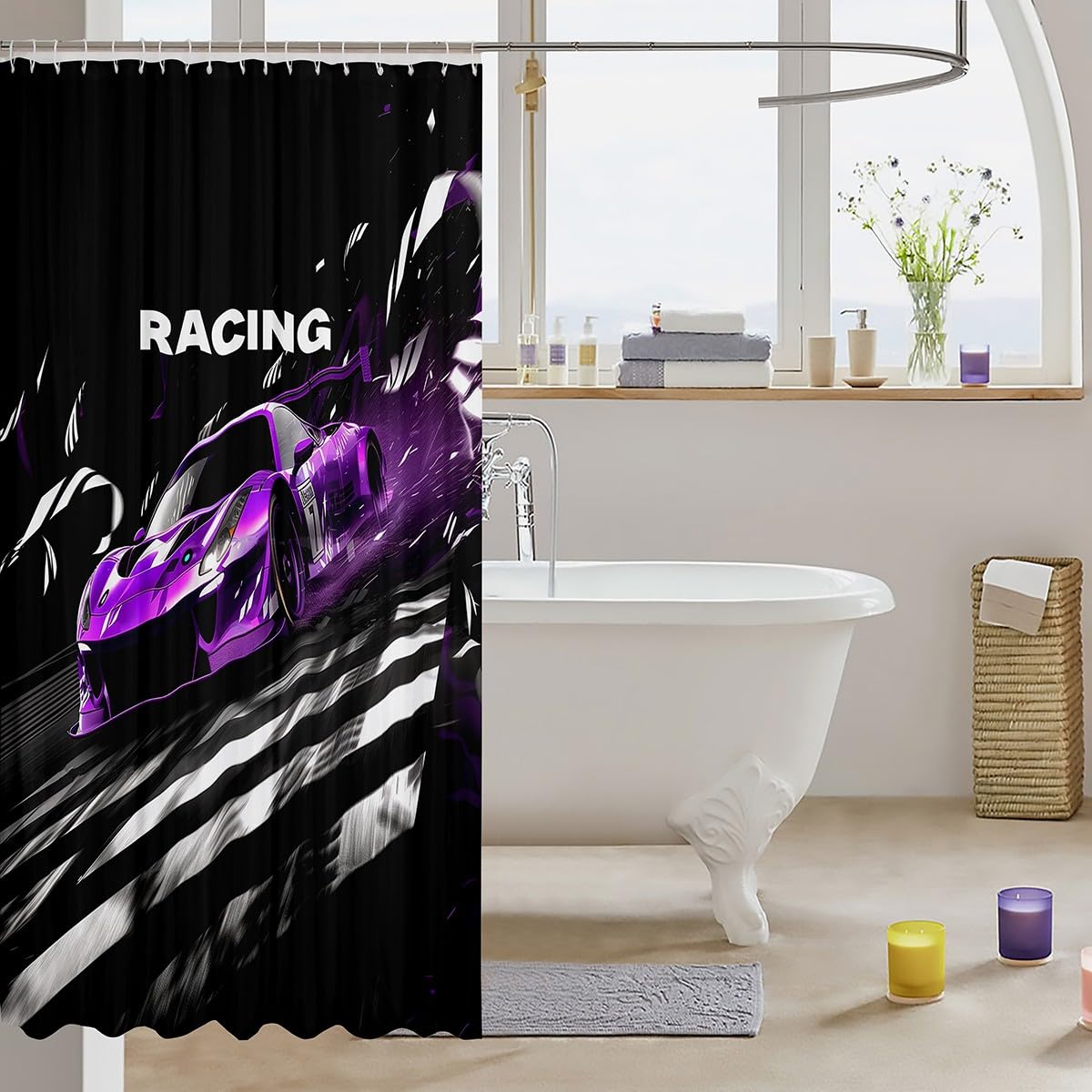 Feelyou Race Car Shower Curtain 72"x78" Waterproof Polyester Fabric Extreme Sports Bathroom Shower Curtain Set for Kids Boys Girls Games Car Kids Bathroom Accessories Automobile