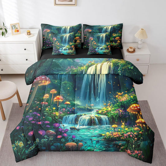 jejeloiu Cute Mushroom Comforter Set with Sheets Twin Size Kids Colorful Floral Mushrooms 7 Pieces Bedding Set for Boys Girls Teens Waterfall Bed in a Bag Breathable Nature Landscape Bed Set