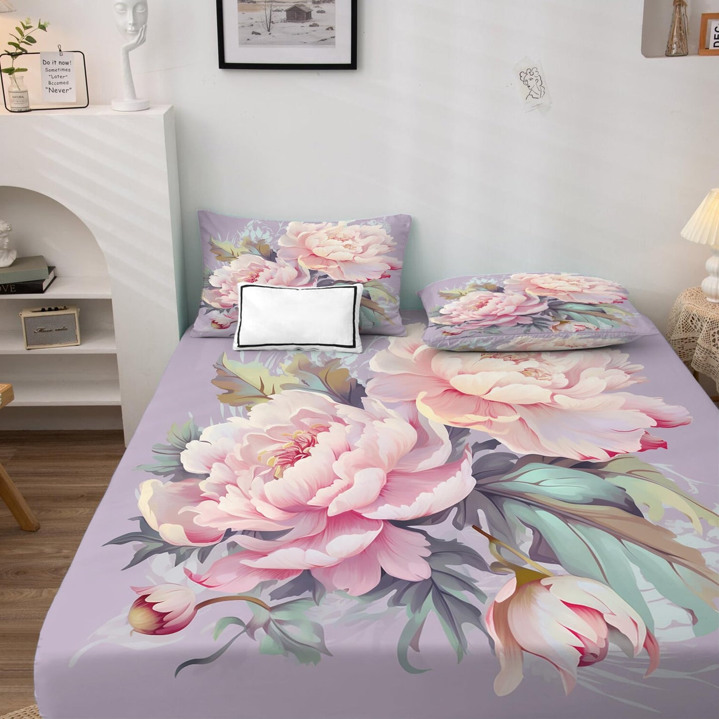 King Size Sheets Set - Peony Bed Sheets, Floral Bedding Sheets & Pillowcases, Soft Microfiber & Deep Pocket & Wrinkle Free Patterned Sheet Set, 4 Piece ( 1 Fitted Sheet, 1 Flat Sheet, 2 Pillow Cases )