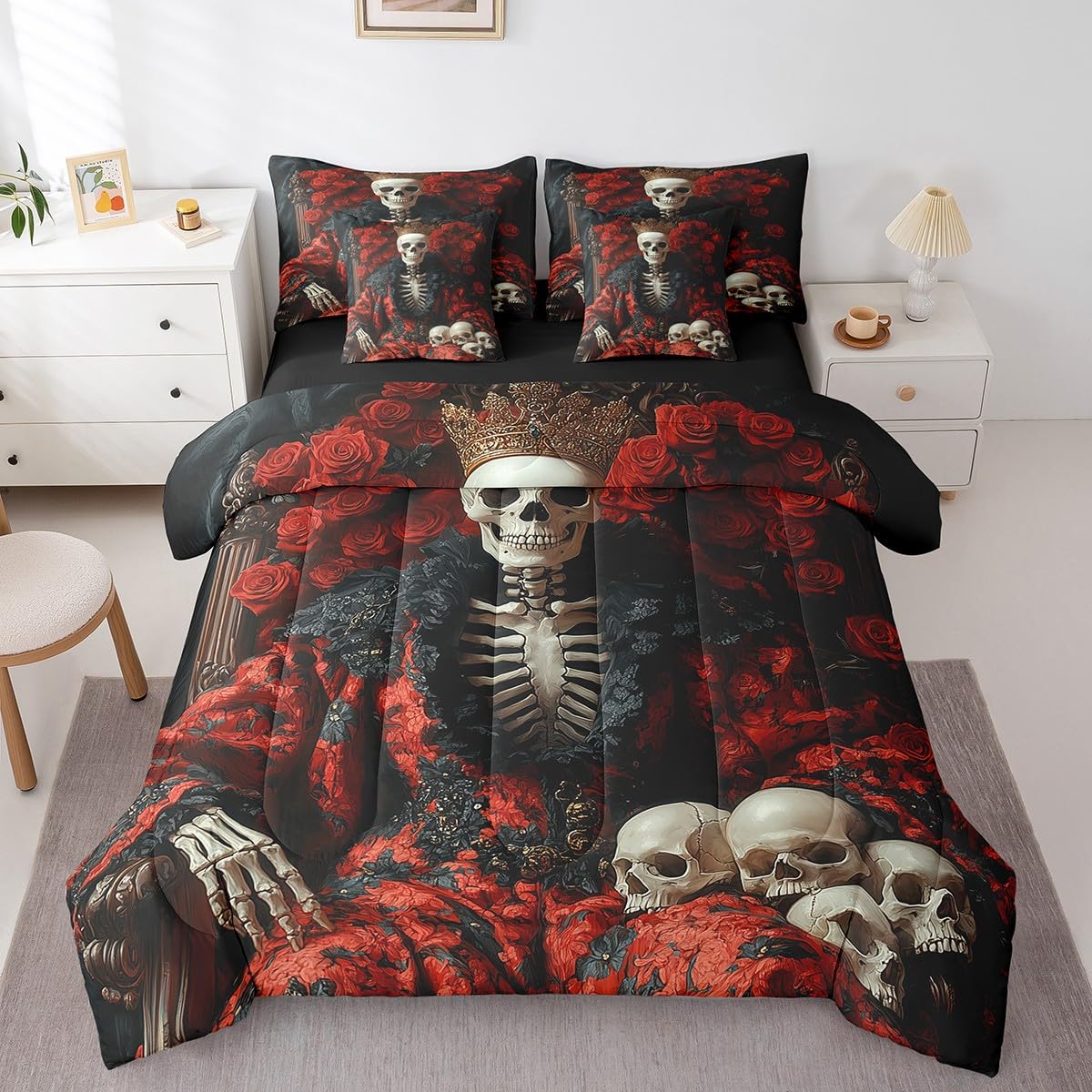 Erosebridal Skull King Bed in A Bag Red Valentine's Day Roses Flowers Comforter Set Full Size for Adults Men Women,Goth Skeleton 7 Piece Bedding Set Romantic Floral Skull Bed Set