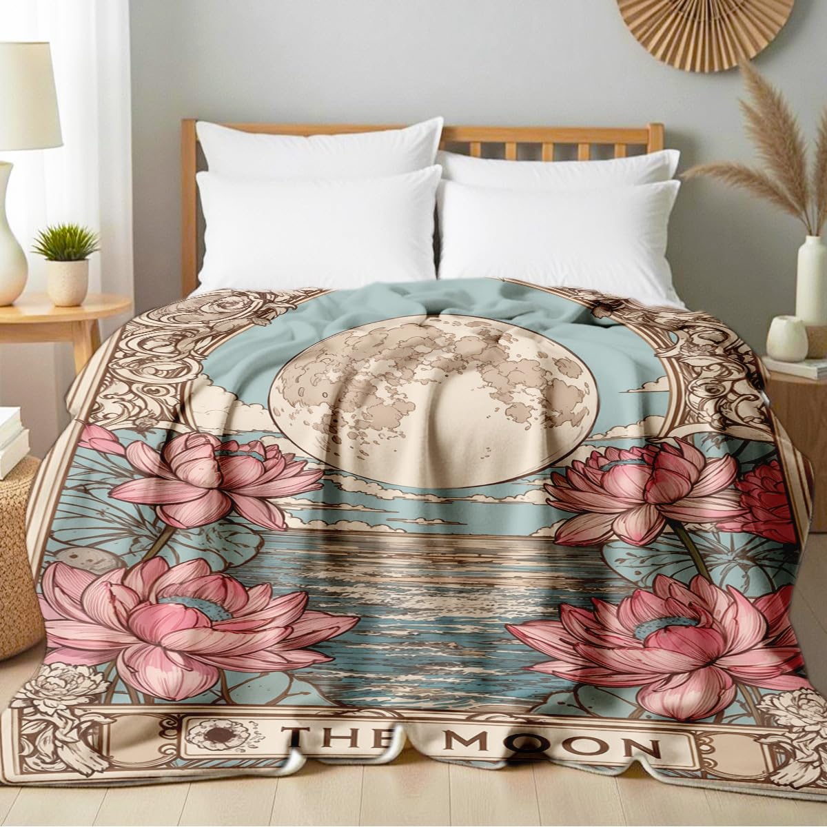HUNXIAOJ Sun Moon Celestial Print Blanket Boho Celestial Flannel Throw Beige Blanket Throw for Couch Bed Home Living Room Boho Decor Gifts for Kids Adult (59"x78")