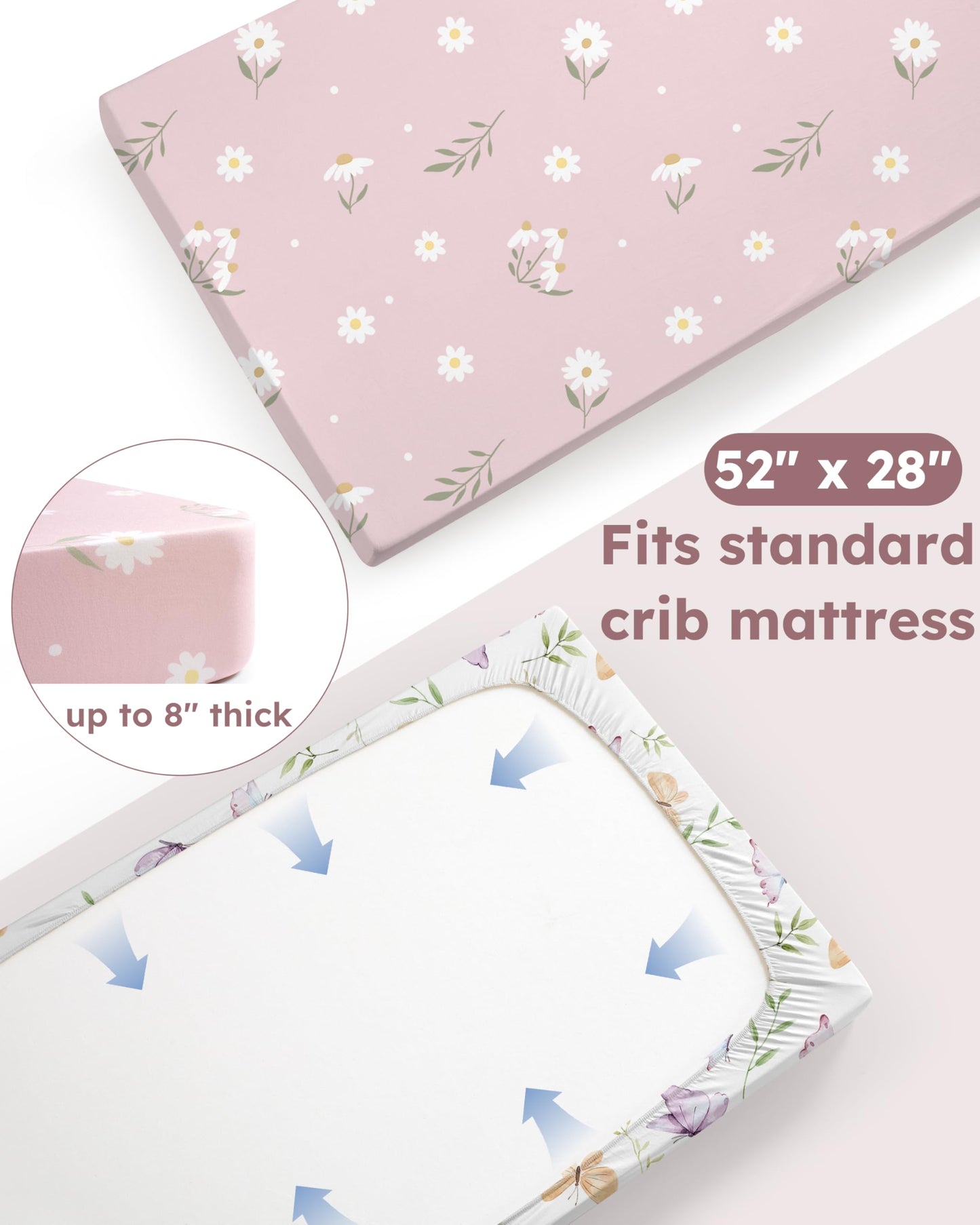 Nyessmee Baby Crib Sheets Girl, Fitted Crib Sheets 52" x 28", Soft Breathable Microfiber Sheets for Standard Crib and Toddler Mattress, 2-Pack Pink Butterfly