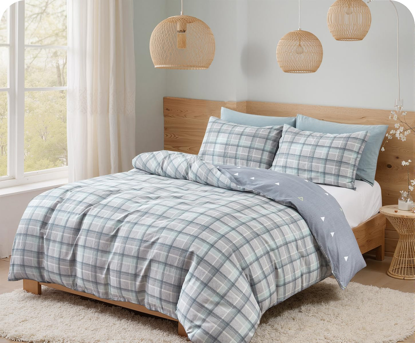 SLEEPBELLA Comforter King Size, 600 Thread Count Cotton Reversible Grey Buffalo Pattern Grey Plaid Comforter Sets,Down Alternative Bedding Set 3Pcs (King, Grey Plaid)