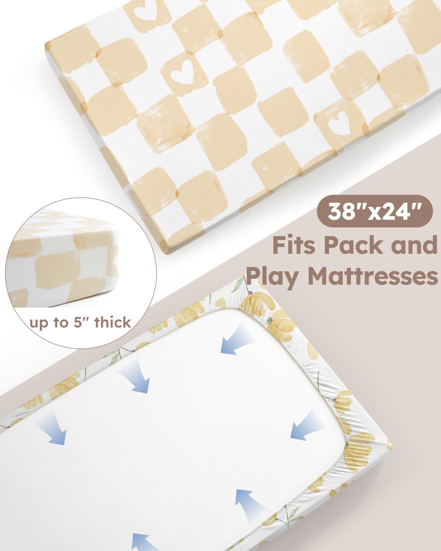 Nyessmee Pack and Play Sheets for Boys Girls, 38" x 26" Mini Crib Sheets Fitted for Pack n Play Mattress, Soft Breathable Playard Sheets, 2-Pack Yellow Flowers