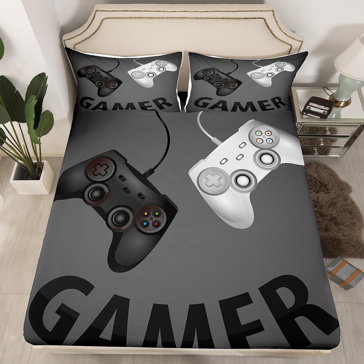Erosebridal Gamepad Bedding Set Twin Size for Kids Boys Girls, Video Games Decor Bed Cover Gaming Controller Fitted Sheet Gamer Theme Fitted Sheet Set, Child Teens Gift Present, Black