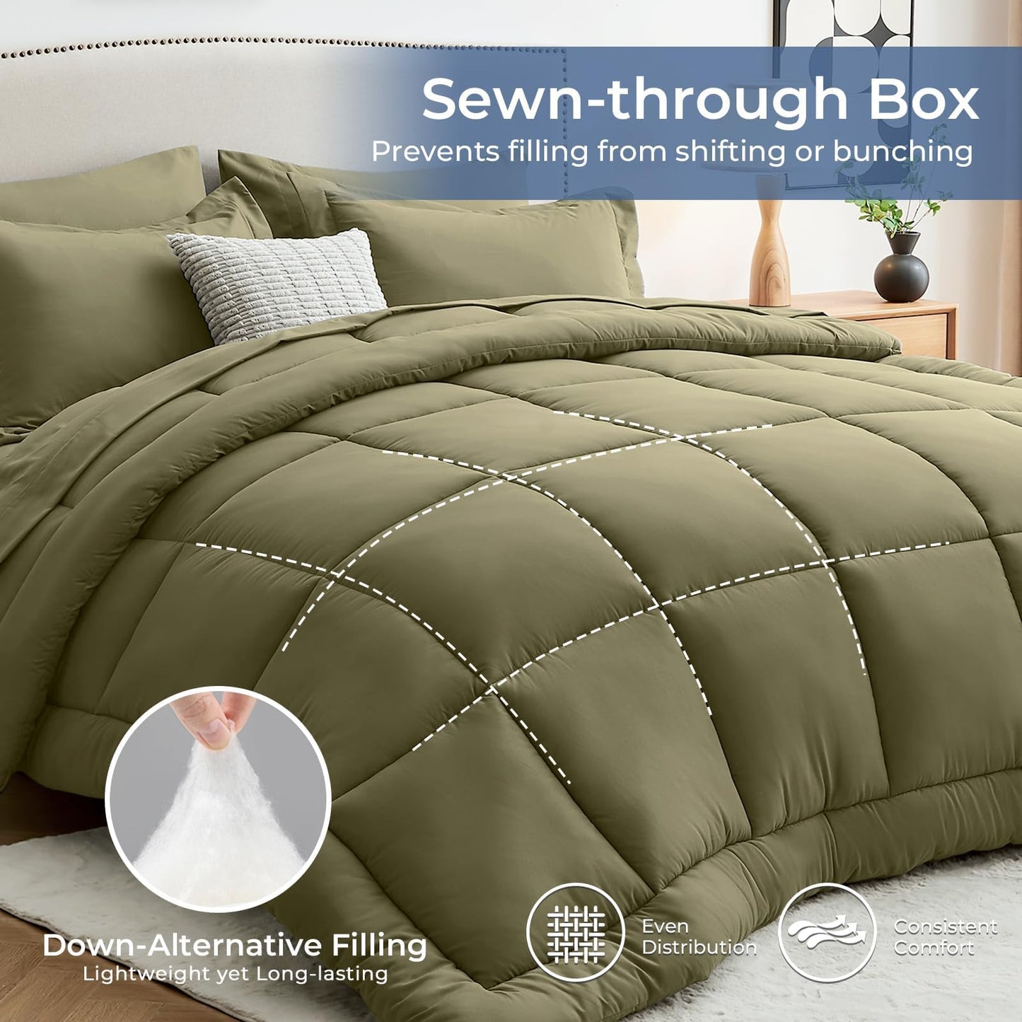 Sasttie Queen Comforter Set, 7 Pieces Bed in a Bag Queen, Complete Bedding Set Includes Comforter, Flat Sheet, Fitted Sheet, Pillowcases and Pillow Shams, Olive