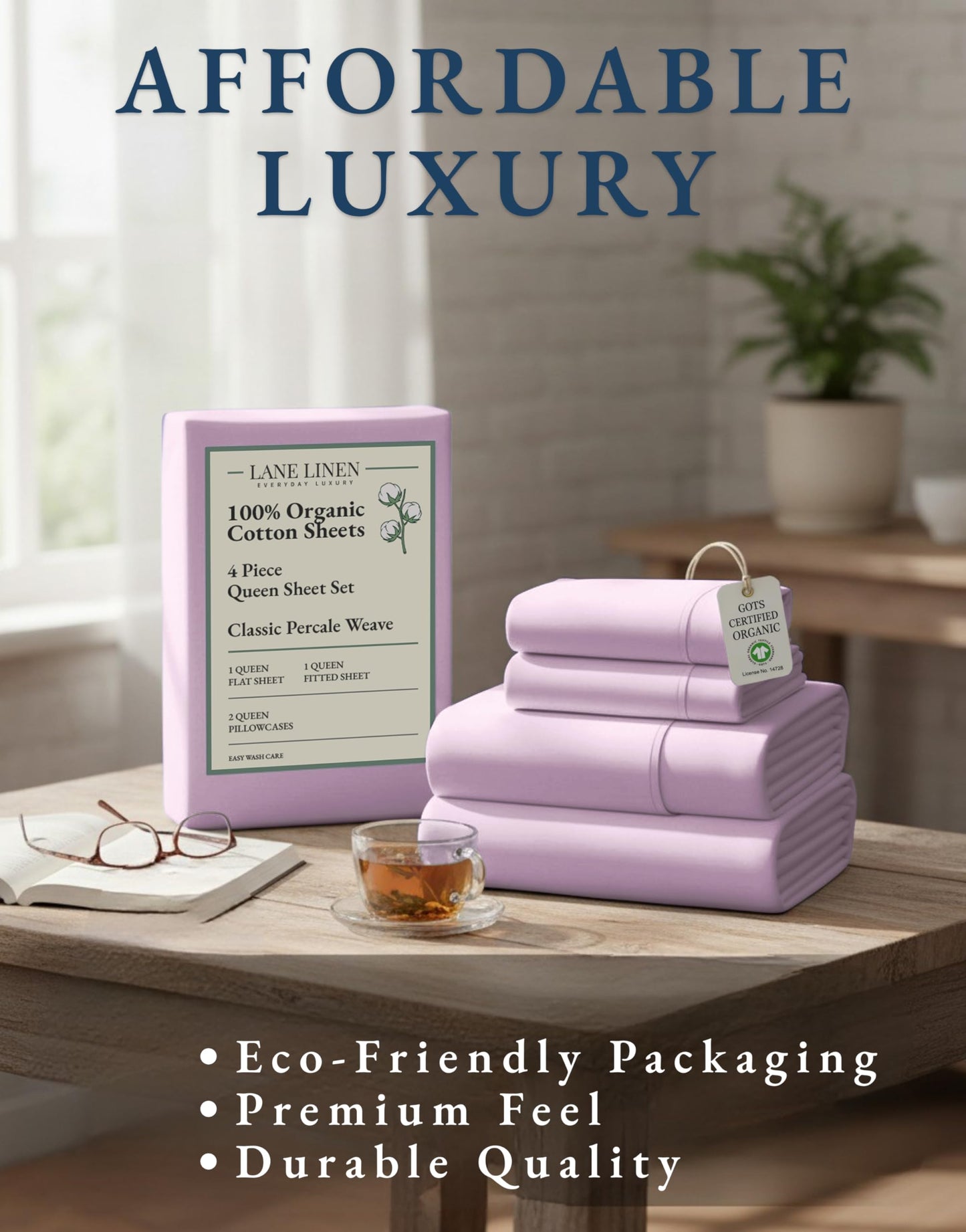 LANE LINEN Cotton Queen Sheet Set 100% Organic Cotton GOTS Certified Percale Weave Deep Pocket 4 Piece Soft Breathable Cooling Lightweight All Season Machine Washable Crisp - Orchid Petal