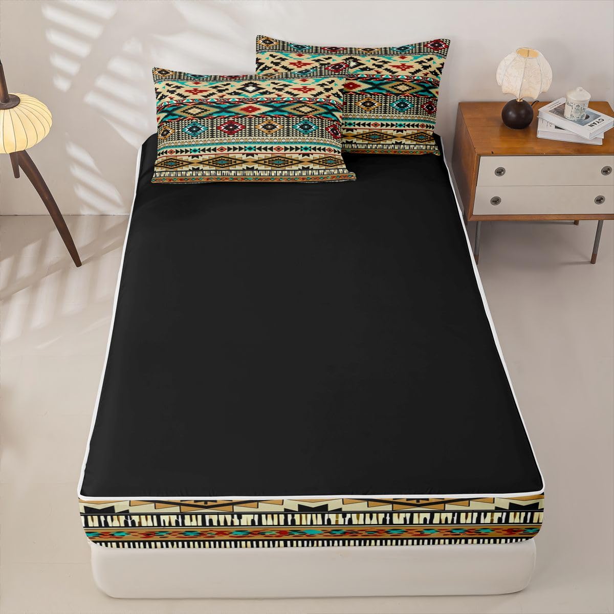 Western Geometric Zipper Bedding Queen Boho Western Zip Up Bedding Set for Boys, Bohemian Southwestern Bed in a Bag Vintage Rustic Farmhouse Comforter with Fitted Sheet and 2 Pillowcases Yellow
