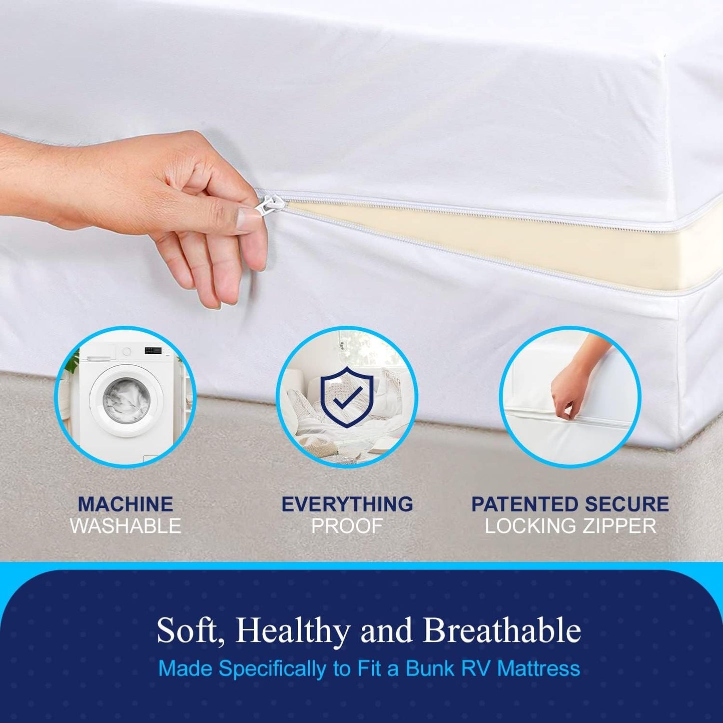 RV 6 Sided Zippered Mattress Protector with Secure Locking Zipper for Shorter 3-8 Depths| Creates a Natural Seal Around Your Mattress from Dust, Pet Dander, Pollen, Liquids & More| 28x72