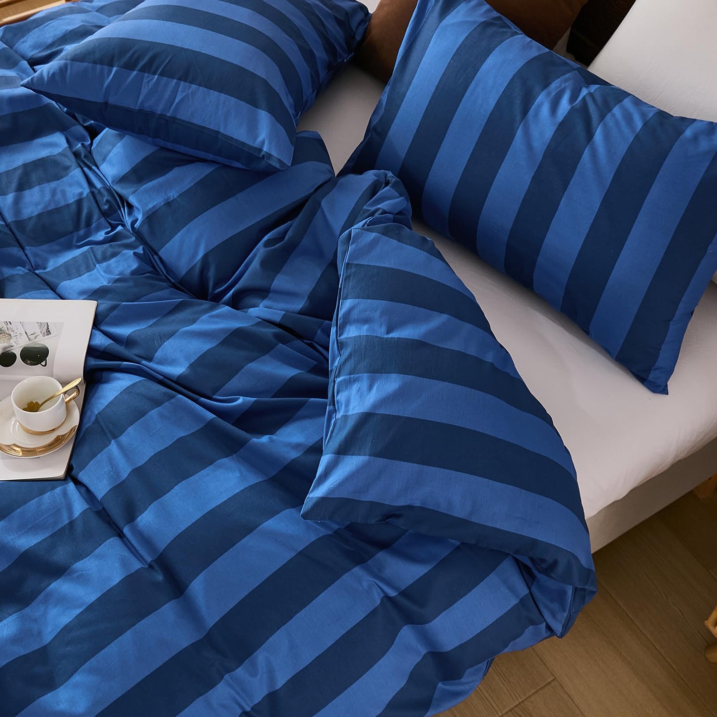 Merryword Blue Striped Comforter Set King Size, 100% Cotton Reversible Comforter Set 3 Pcs, Luxury Linen Like Bedding, Soft Breathable Lightweight Comforter for All Seasons