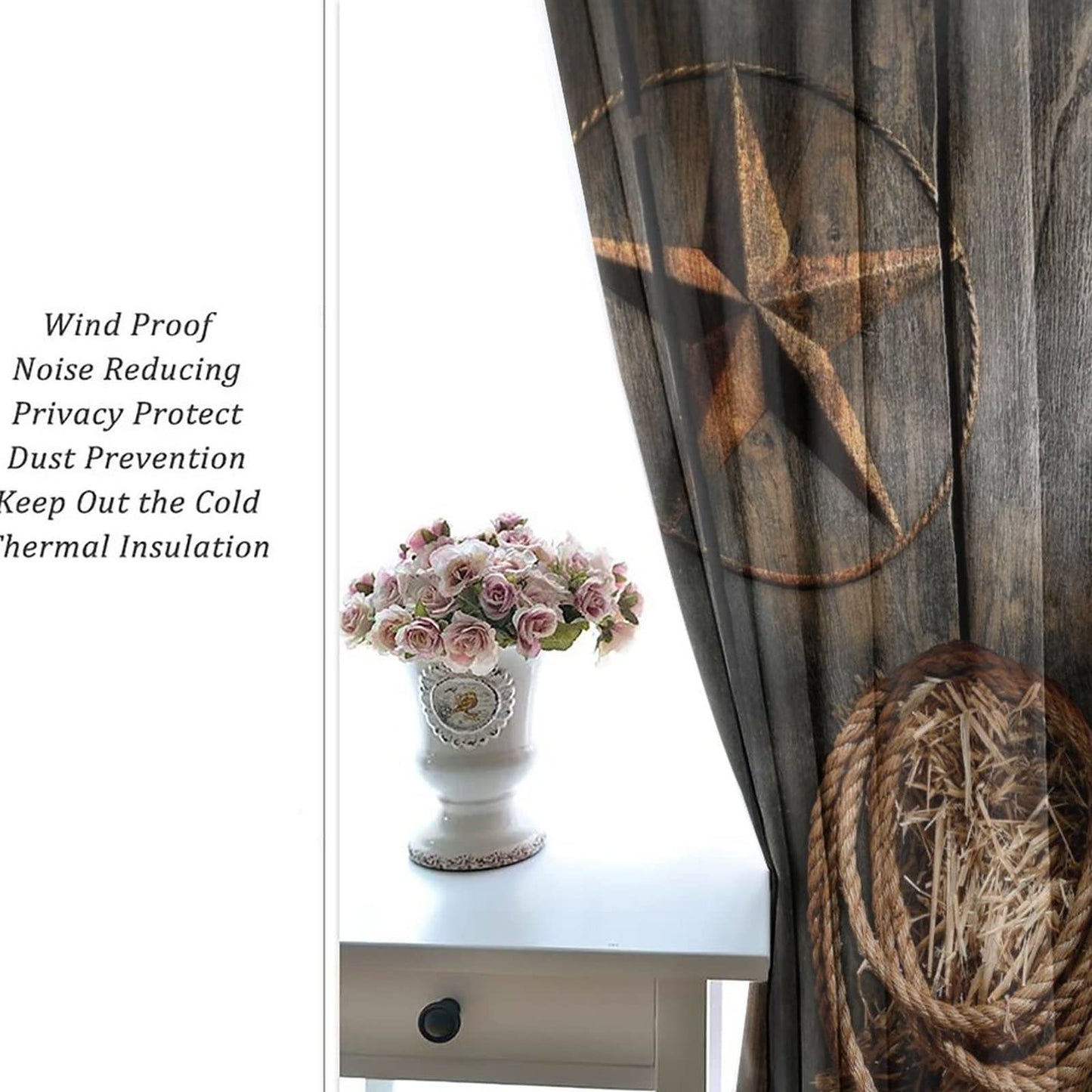 Kazynee Western Farmhouse Room Darkening Blackout Window Curtains with Grommets,Rustic Cowboy Leather Boots Texas Star Hat on Wooden Energy Efficient Window Treatment 2 Panels 63L x 21W