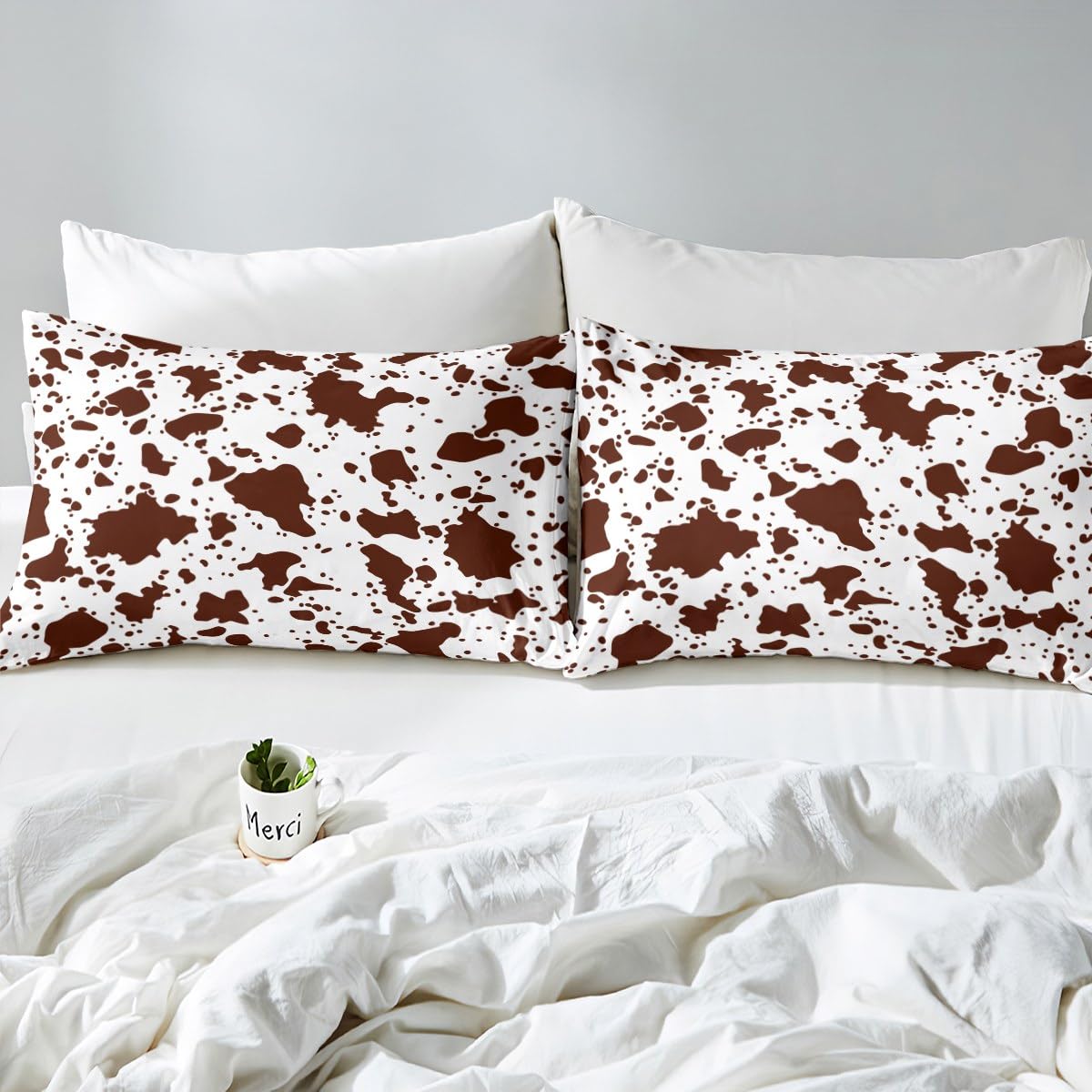 Erosebridal Cow Fur Print Bed Sheets Queen Size White Brown Cowhide Sheet Set 4Pcs for Kids Boys Room Decor Animal Skin Print Flat Sheet Farmhouse Cow Print Fitted Sheet with 2 Pillowcases