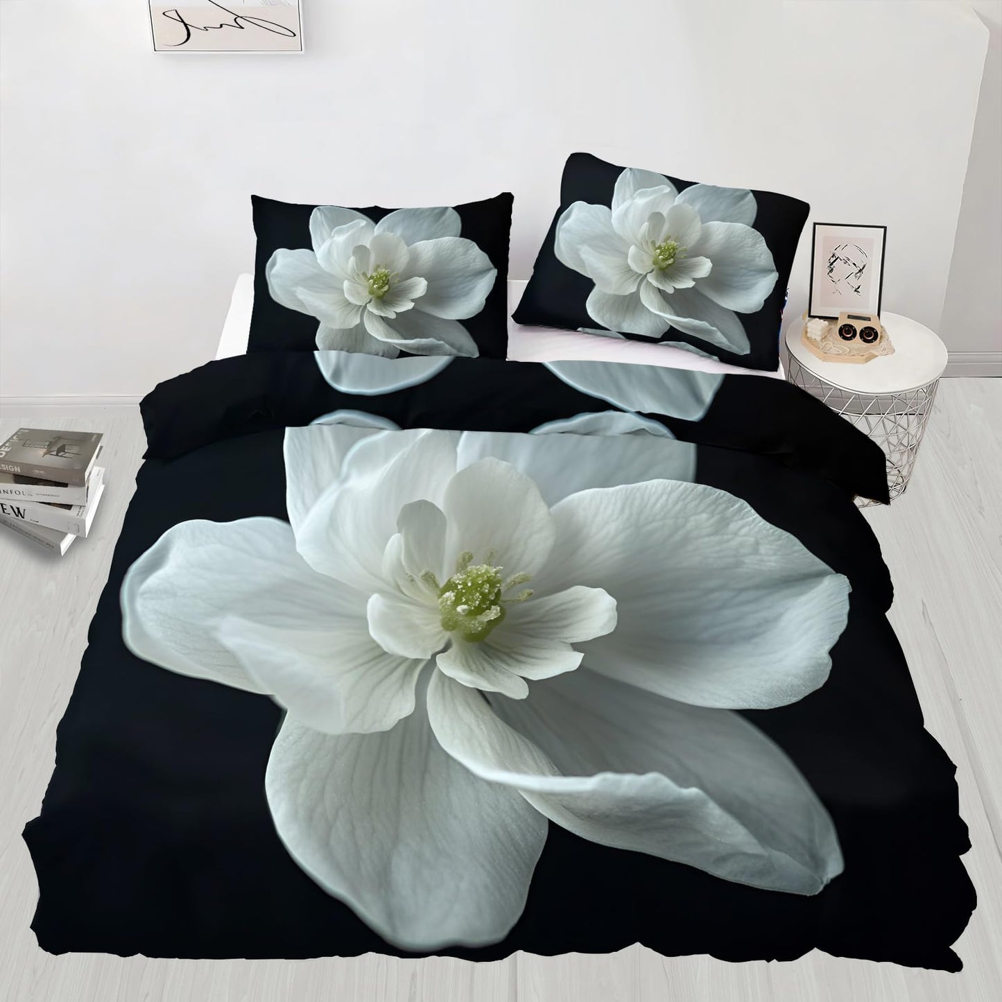 PAISUOQ White Flower Duvet Cover Queen Size, European Florals Bedding Sets, 3 Piece, Soft Microfiber Patterned Comforter Cover with Zipper Ties & 2 Pillowcase, Nordic Simple Bedroom Decor & Gifts
