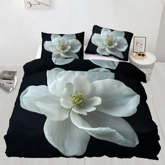 PAISUOQ White Flower Duvet Cover Queen Size, European Florals Bedding Sets, 3 Piece, Soft Microfiber Patterned Comforter Cover with Zipper Ties & 2 Pillowcase, Nordic Simple Bedroom Decor & Gifts