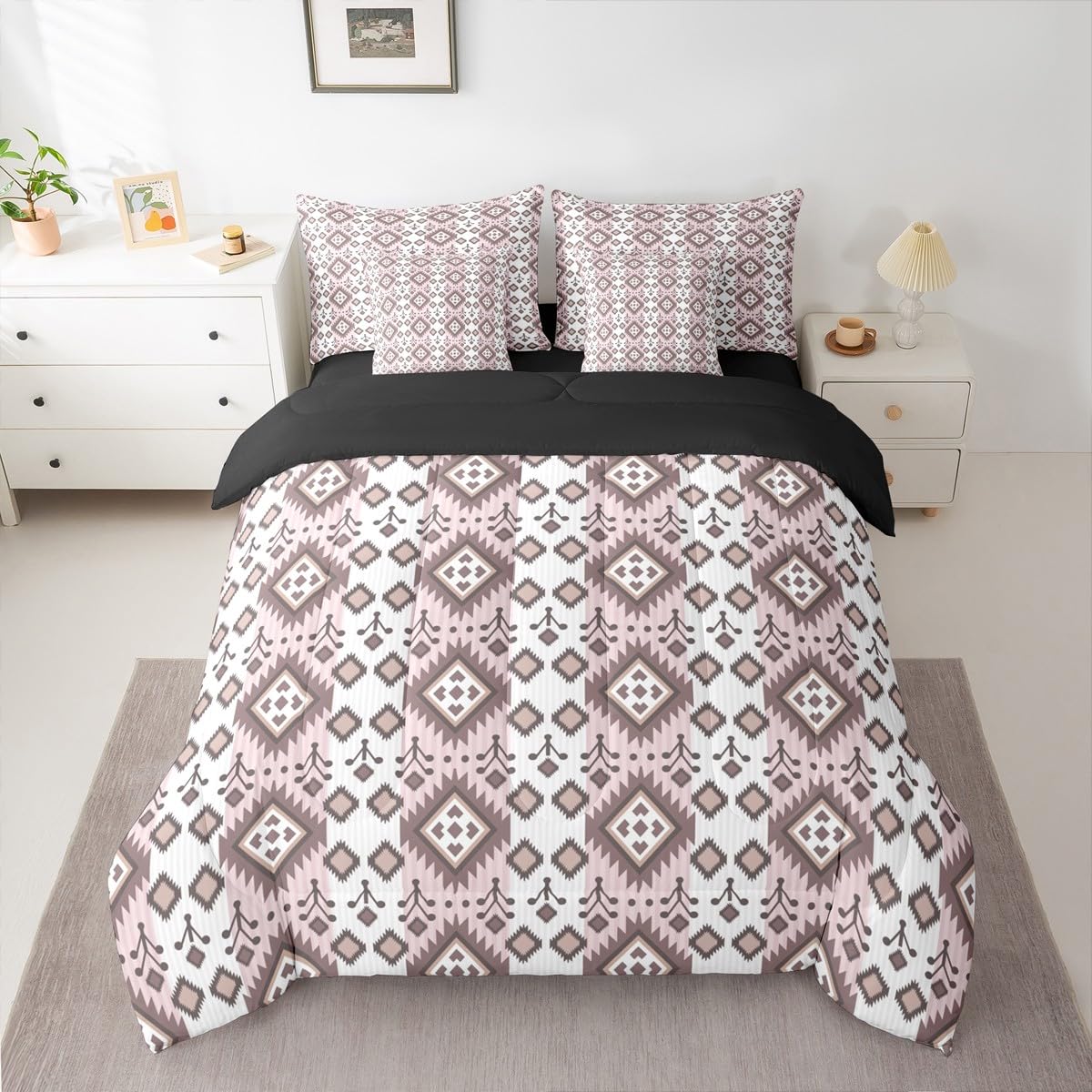 Erosebridal 7 Pcs Country Western Bedding Set King Native Aztec Southwestern Comforter Set Boho Exotic Bed in A Bag for Adults Bohemian Mexican Diamond Quilt with Flat Fitted Sheet