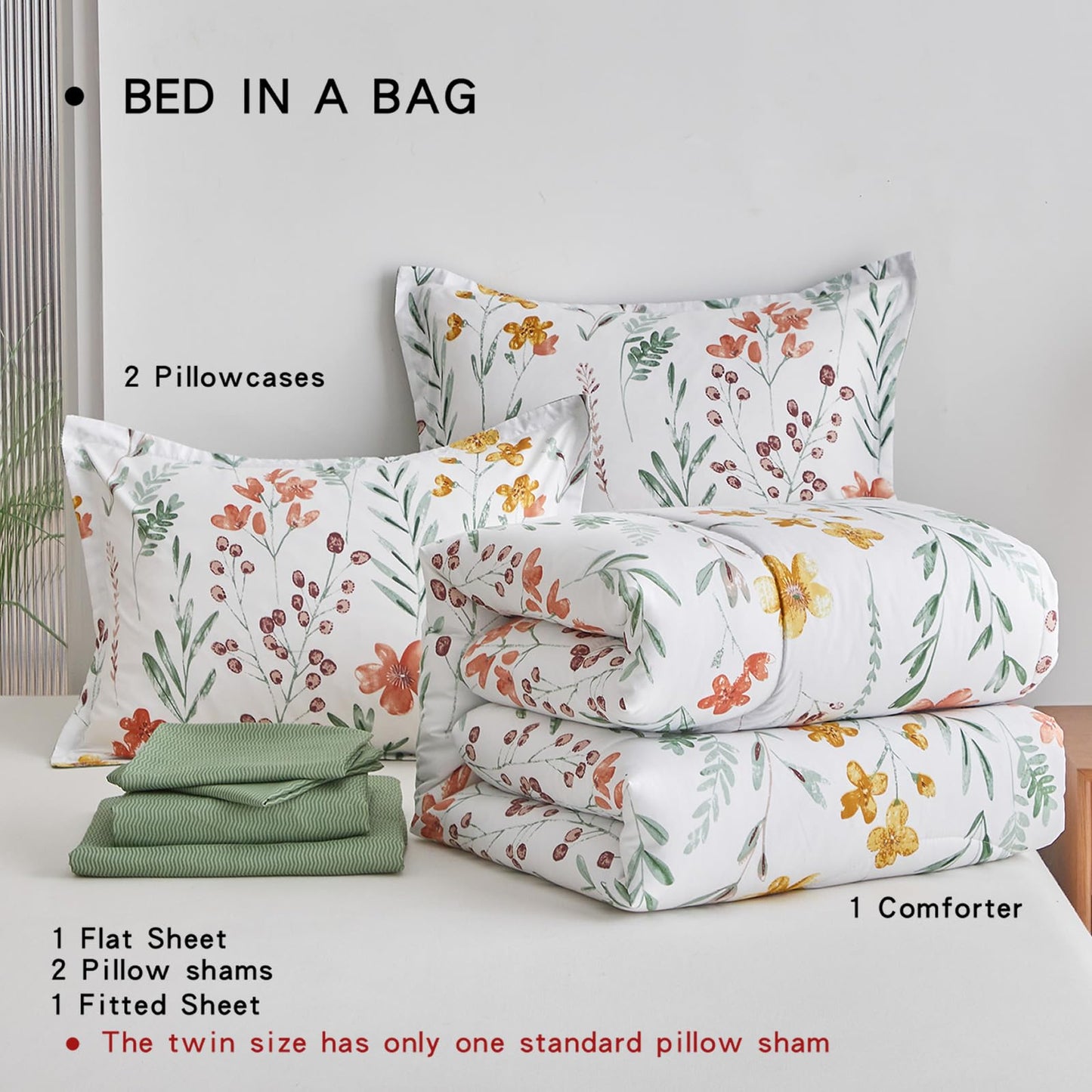 AIKASY Bed in a Bag 7 Pieces Queen Size - Floral Print - Soft Microfiber, Reversible Bed Comforter Set (1 Comforter, 2 Pillow Shams, 1 Flat Sheet, 1 Fitted Sheet, 2 Pillowcases)（White,Queen）