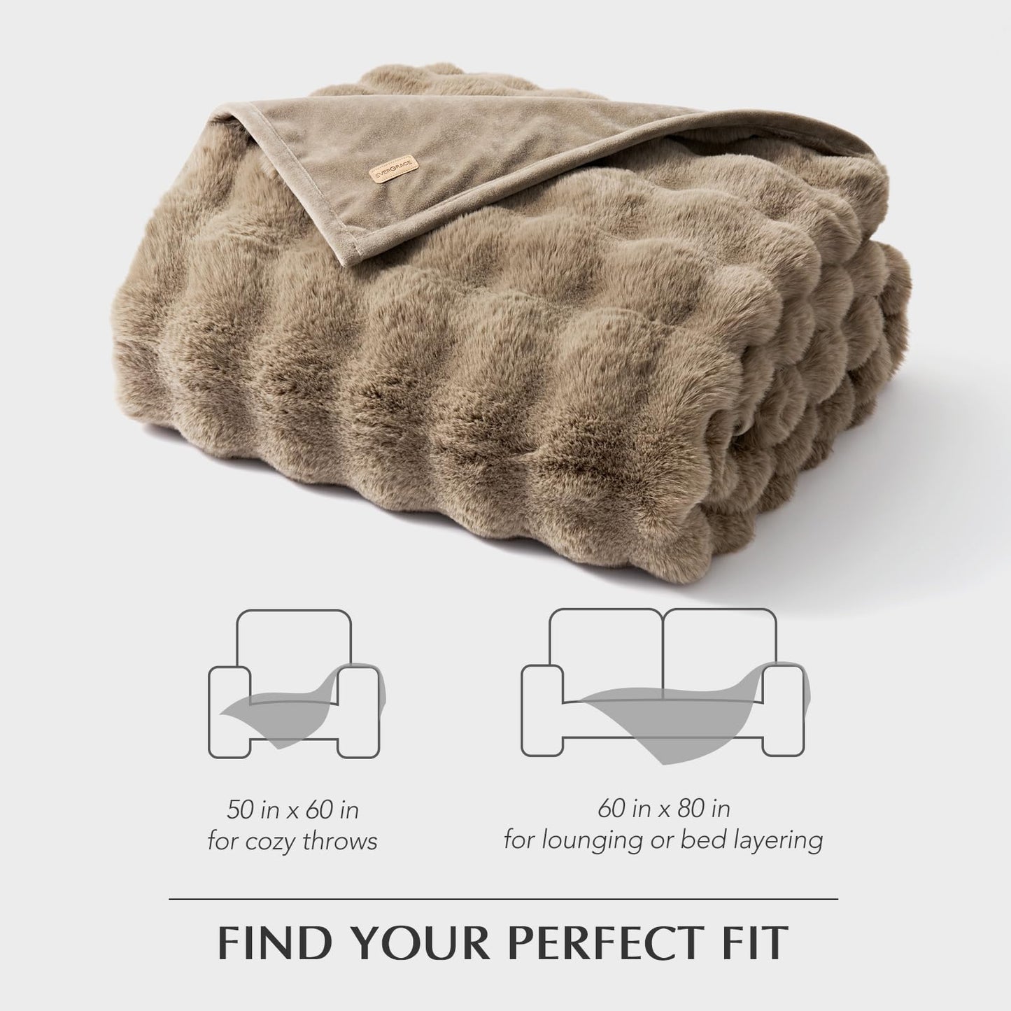 EverGrace Ultra Soft Luxury Fluffy Faux Rabbit Fur Throw Blanket, Thick Warm Bubble Throw for Bed, Cozy Plush Reversible Blankets for Couch, Chair, Sofa, Greige, 60x80 Inches