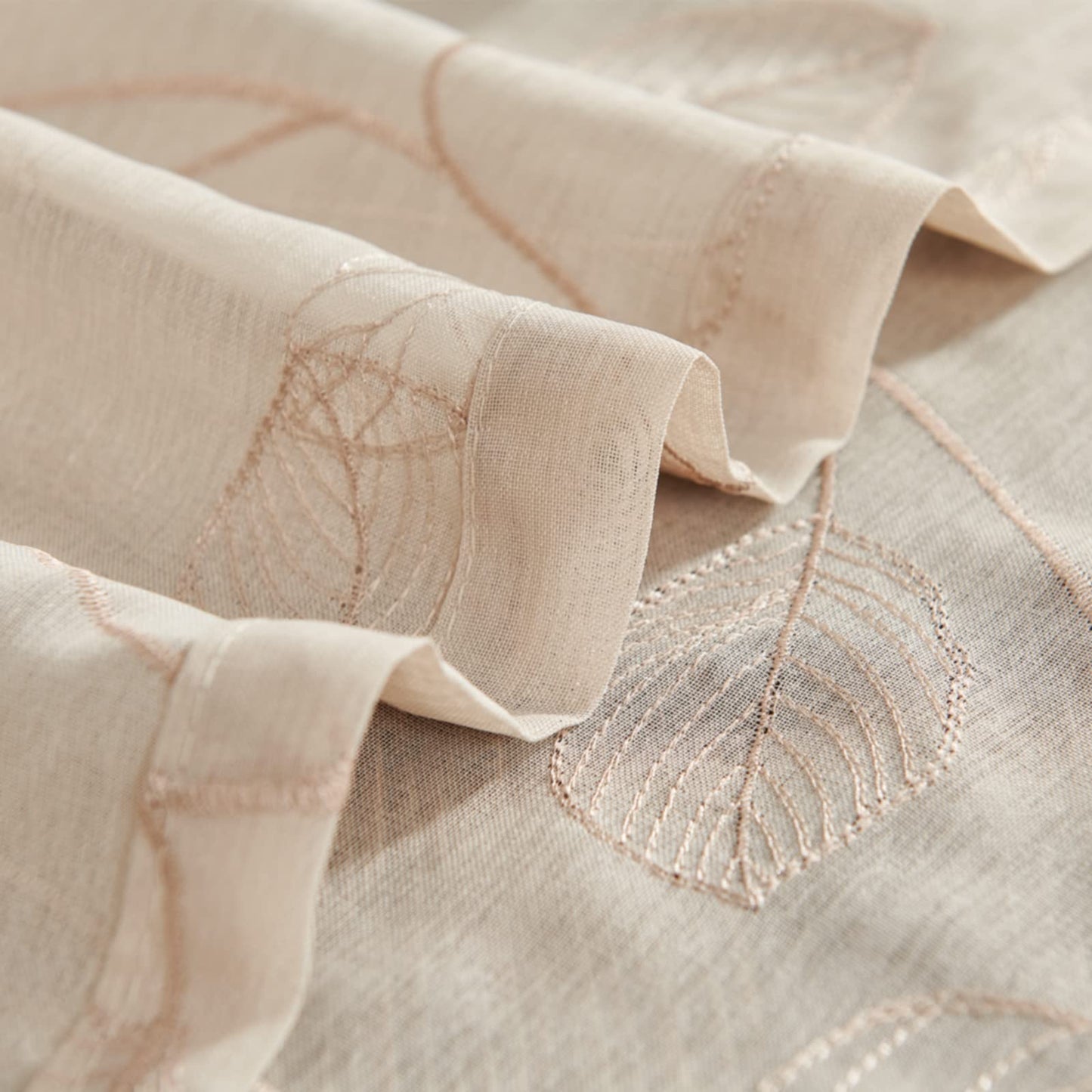 Topick Beige Sheer Leaf Curtain Kitchen Valance for Windows Leaf Embroidered Voile Small Curtain Valance Semi Sheer Farmhouse Curtain 16 Inch Rod Pocket 1 Panel Beige